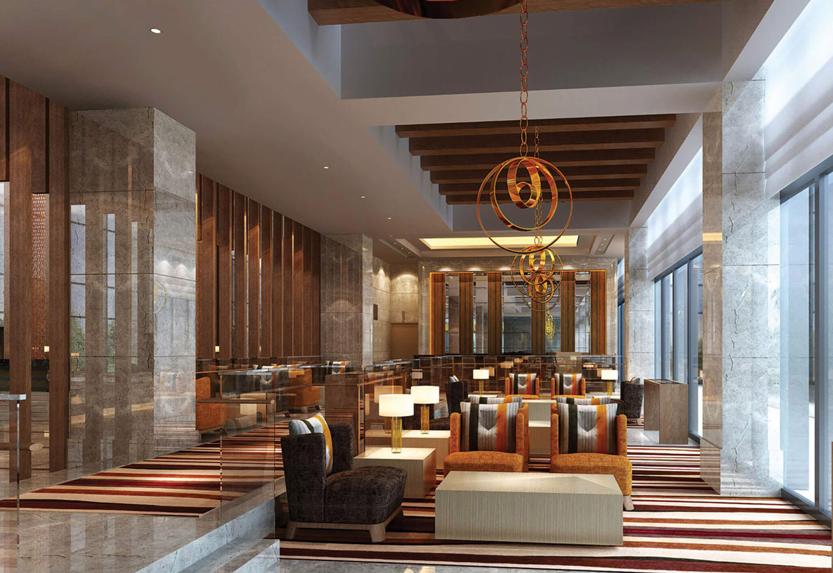 Aedas Interiors’ DoubleTree by Hilton Yongkang is shown as a warmly lit hotel lounge featuring stone‑clad columns, timber‑lined walls, striped carpeting, and sculptural metal pendant installations. The image highlights a contemporary hospitality interior that blends light timber, natural stone, and bespoke metal art, creating a refined yet welcoming environment reflecting local identity and home‑like comfort.