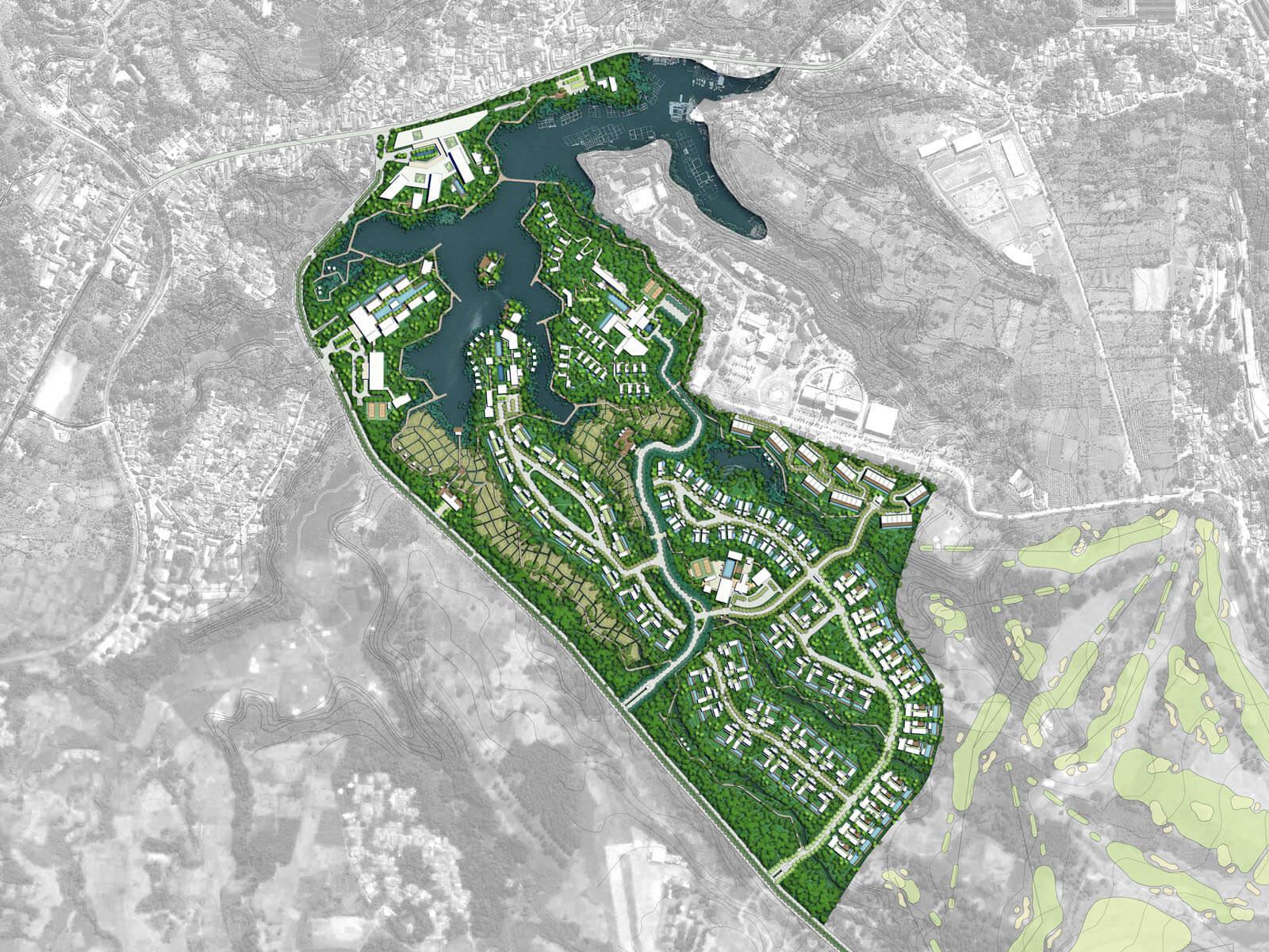 Aedas’ Lido Lakes Resort Master Plan in Bogor, Indonesia is shown as a large‑scale lakeside resort and residential landscape organised around an expansive water body. The aerial masterplan highlights terraced luxury villas, resort hotels, and winding access roads following natural contours, with dense greenery, wetlands, and water channels integrating built forms seamlessly into the surrounding lake, golf course, and mountainous terrain to create a tranquil, resort‑oriented destination. Provide your feedback on BizChat