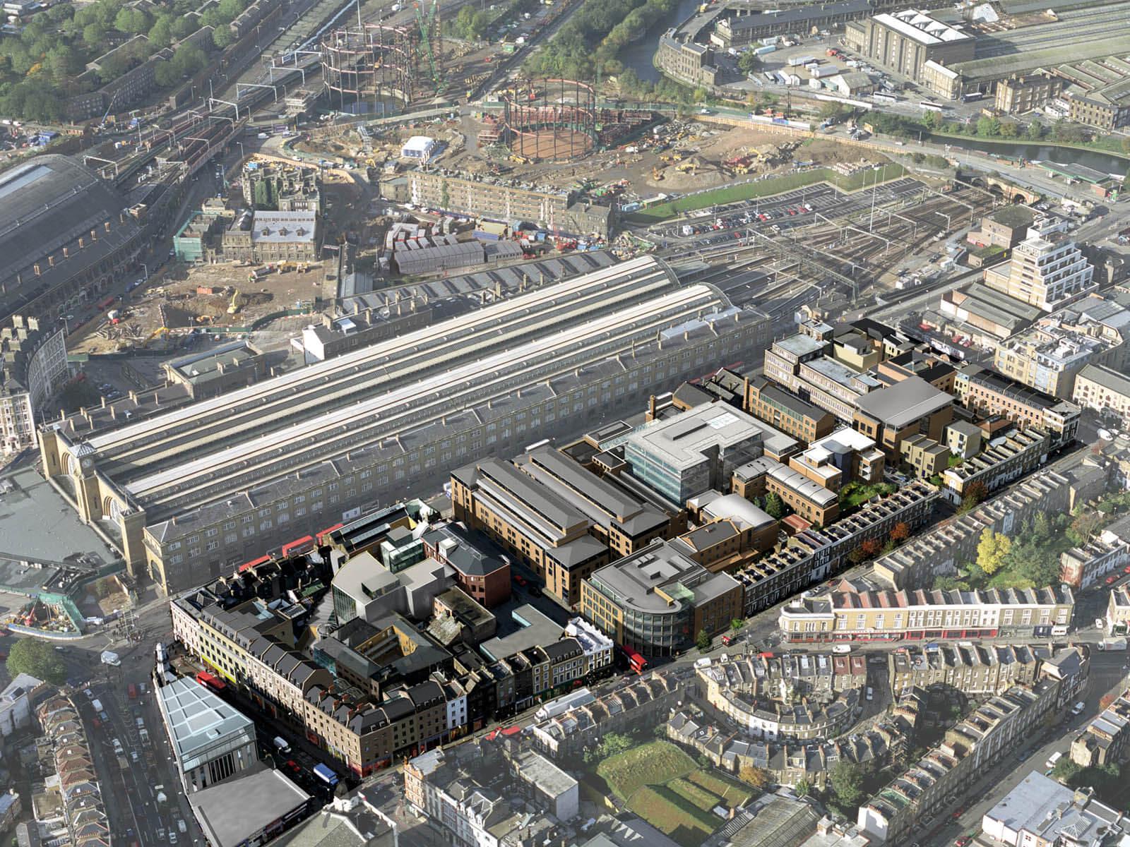Aedas’ Regent Quarter in London is shown as a large‑scale urban regeneration masterplan adjacent to King’s Cross, integrating new mid‑rise office and commercial buildings within a tight grain of restored Victorian warehouses. The aerial view highlights carefully articulated blocks, varied roofscapes, internal courtyards, and strong pedestrian connections that weave contemporary architecture into the historic industrial fabric, creating a mixed‑use city quarter with clear urban continuity.