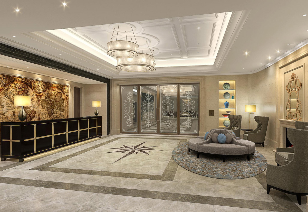 Aedas Interiors’ Residential Development at K.I.L. 11125 in Hong Kong is shown as an elegant residential lobby with marble‑clad floors, a star‑patterned inlay, plush lounge seating, and crystal chandelier lighting. The image highlights a refined arrival space combining classical proportions, warm ambient lighting, curated display niches, and timeless luxury detailing to create a dignified, welcoming environment for residents.