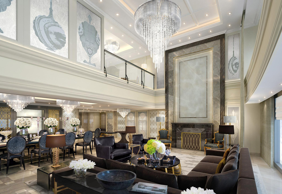 Aedas Interiors’ EPI Residences Manhattan Penthouse in Shenzhen is shown as a dramatic double‑height living and dining space featuring crystal chandeliers, marble‑framed fireplace walls, classic moulded ceilings, and plush leather seating. The image highlights a luxury residential interior with European‑inspired elegance, refined symmetry, layered lighting, and bespoke detailing, creating a grand yet intimate penthouse environment.