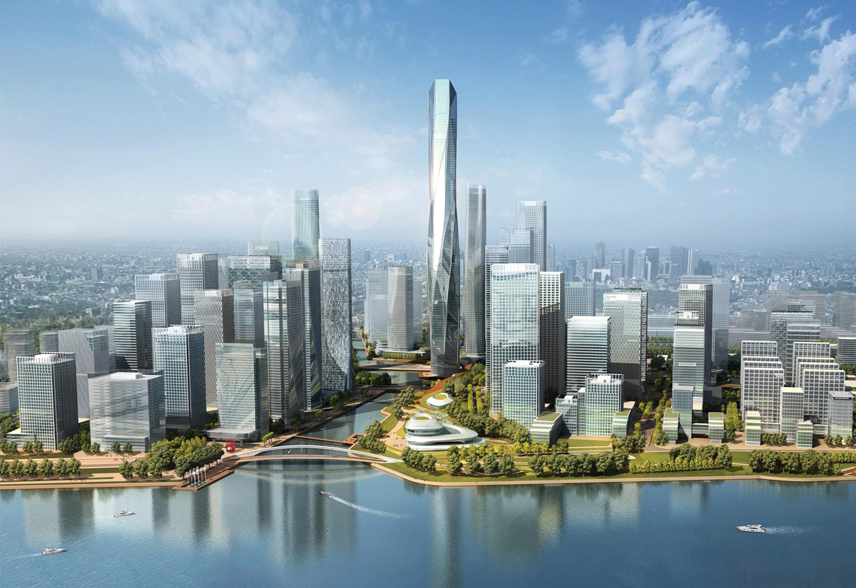 Aedas’s Guangzhou International Financial City is depicted as a dense waterfront CBD with a landmark supertall tower, clustered high‑rise office buildings, podium‑based development, and a continuous riverfront public realm. The aerial perspective highlights transit‑oriented planning, integrated landscape infrastructure, and large‑scale financial district masterplanning in Guangzhou.