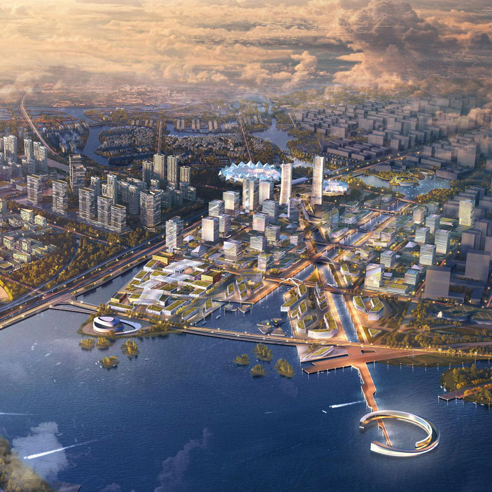 Aedas’s masterplanned urban district in Xiamen New Airport Area features high-rise mixed-use towers, podium-based blocks, multimodal transport links, and waterfront public spaces. The aerial view shows transit-oriented development, interconnected green corridors, coastal resilience zones, and dense urban fabric optimized for large-scale urban regeneration and net-zero energy design strategies.