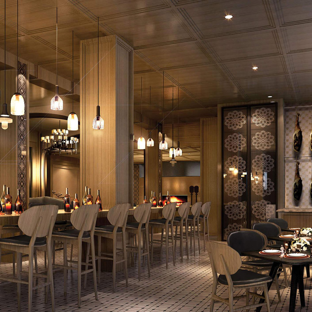 Aedas Interiors’ Italian Restaurant in Wuhan is shown as a warm, rustic dining and wine bar interior featuring timber‑clad ceilings, patterned tile flooring, hanging glass pendant lights, and communal bar seating. The image highlights a Sicilian‑inspired hospitality space that blends textured natural materials, artisanal detailing, and intimate lighting to create an inviting lakeside dining atmosphere.