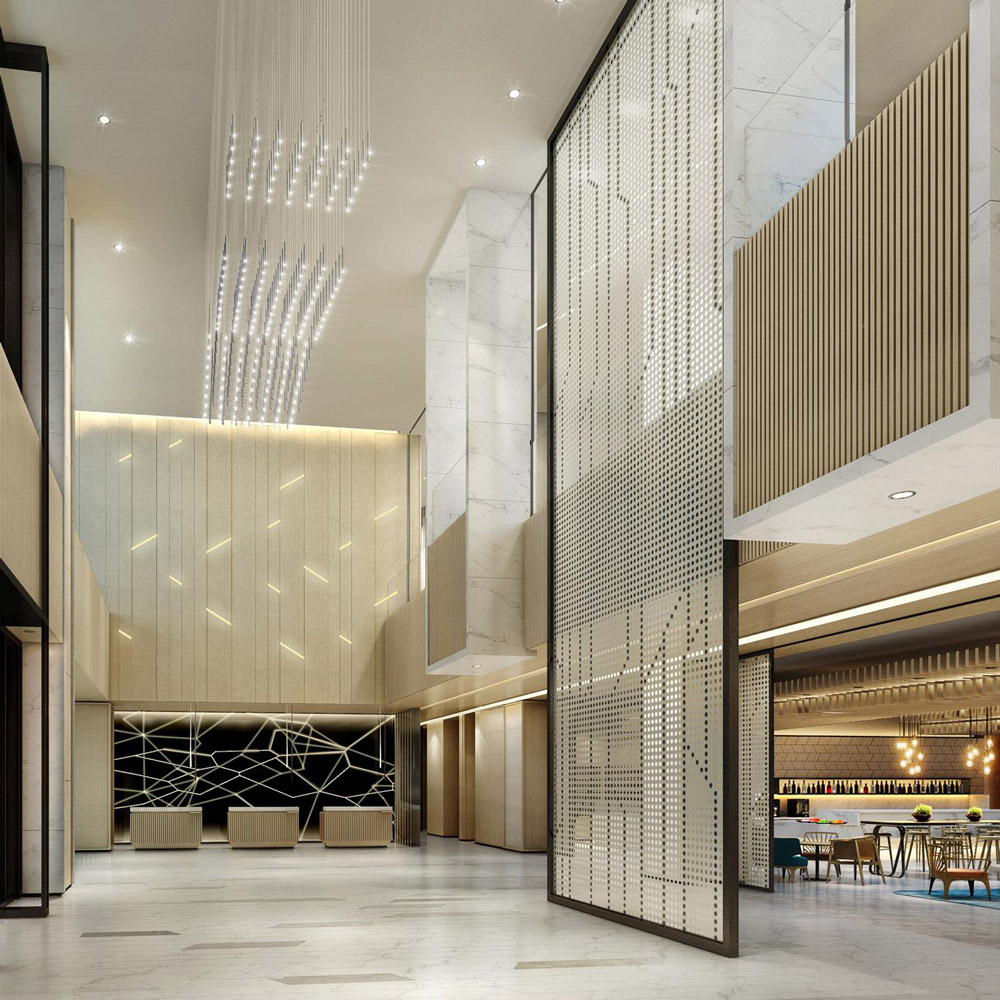 Aedas Interiors’ Courtyard by Marriott Xiamen is shown with a tall, light‑filled hotel lobby featuring marble‑clad walls, perforated metal screens, timber slat accents, and linear ceiling lights. The image highlights a contemporary resort interior that balances coastal calm with refined detailing, integrating open circulation, layered textures, and a relaxed seafront hospitality atmosphere.