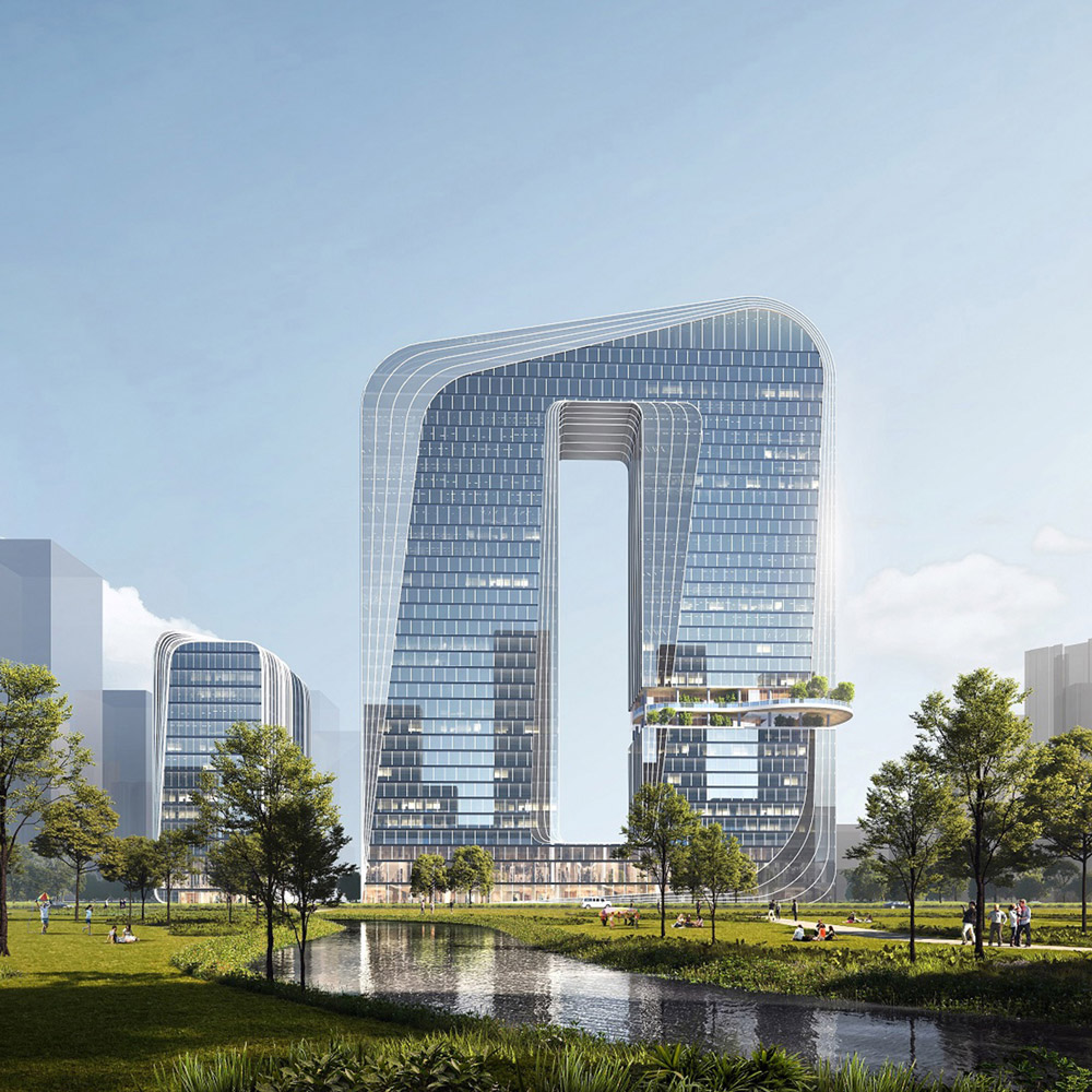 Aedas’s Zhuhai Xiangzhou North Xingge Jinze Building is shown as a landmark commercial tower with a continuous looped massing, large central void, and high‑performance glazed façade. The exterior highlights sculpted geometry, elevated terraces, and integration with surrounding parkland and water features in Zhuhai.