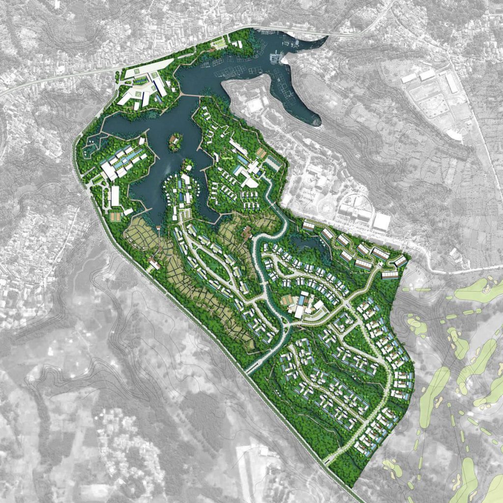 Aedas’ Lido Lakes Resort Master Plan in Bogor, Indonesia is shown as a large‑scale lakeside resort and residential landscape organised around an expansive water body. The aerial masterplan highlights terraced luxury villas, resort hotels, and winding access roads following natural contours, with dense greenery, wetlands, and water channels integrating built forms seamlessly into the surrounding lake, golf course, and mountainous terrain to create a tranquil, resort‑oriented destination. Provide your feedback on BizChat
