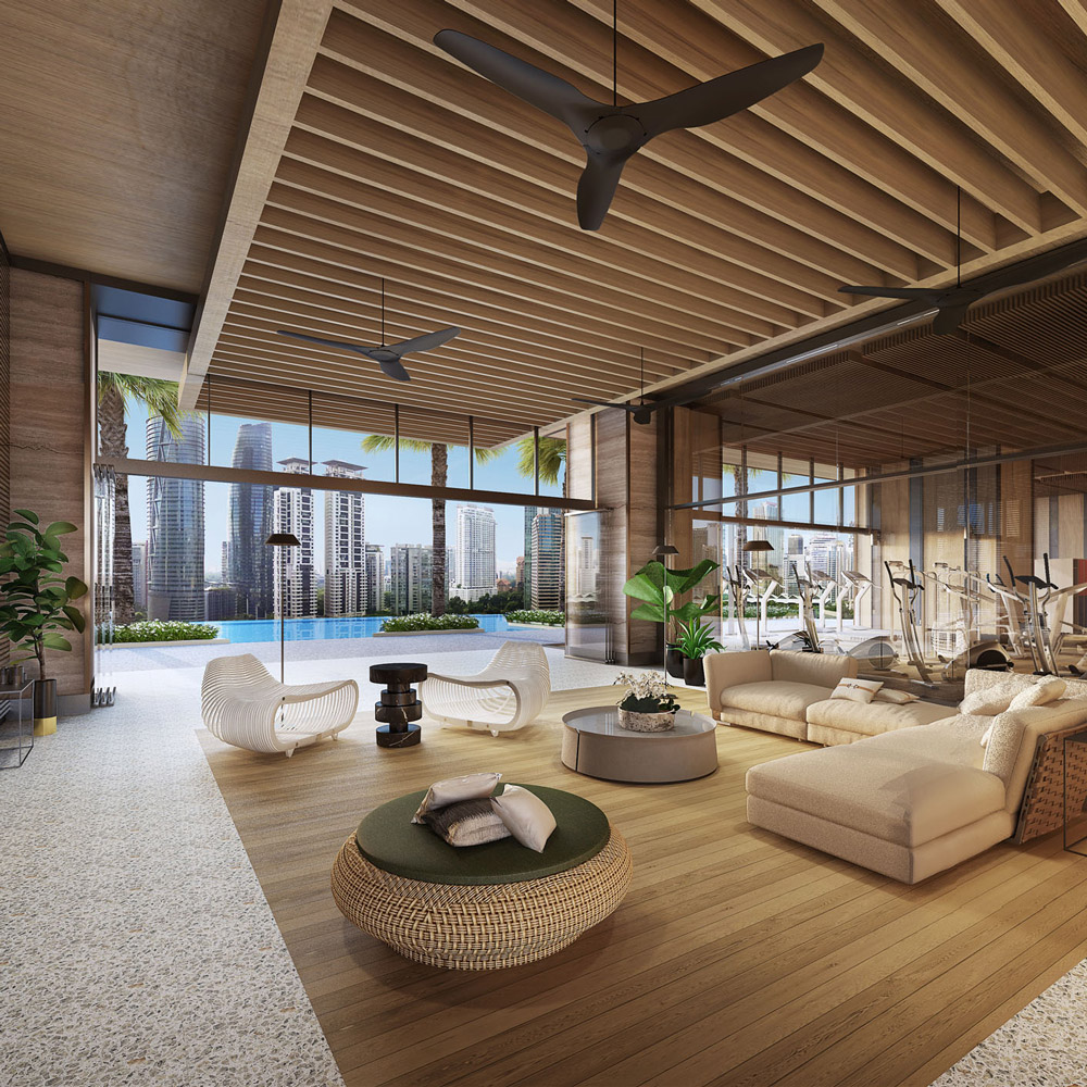Aedas Interiors’ Jumeirah Hotel in Kuala Lumpur is shown as a serene, resort‑style lounge and fitness environment with timber slat ceilings, ceiling fans, soft neutral seating, and floor‑to‑ceiling glazing opening to a rooftop pool and city skyline. The image highlights a refined hospitality interior blending natural materials, indoor‑outdoor continuity, and relaxed luxury suited to an urban tropical setting.