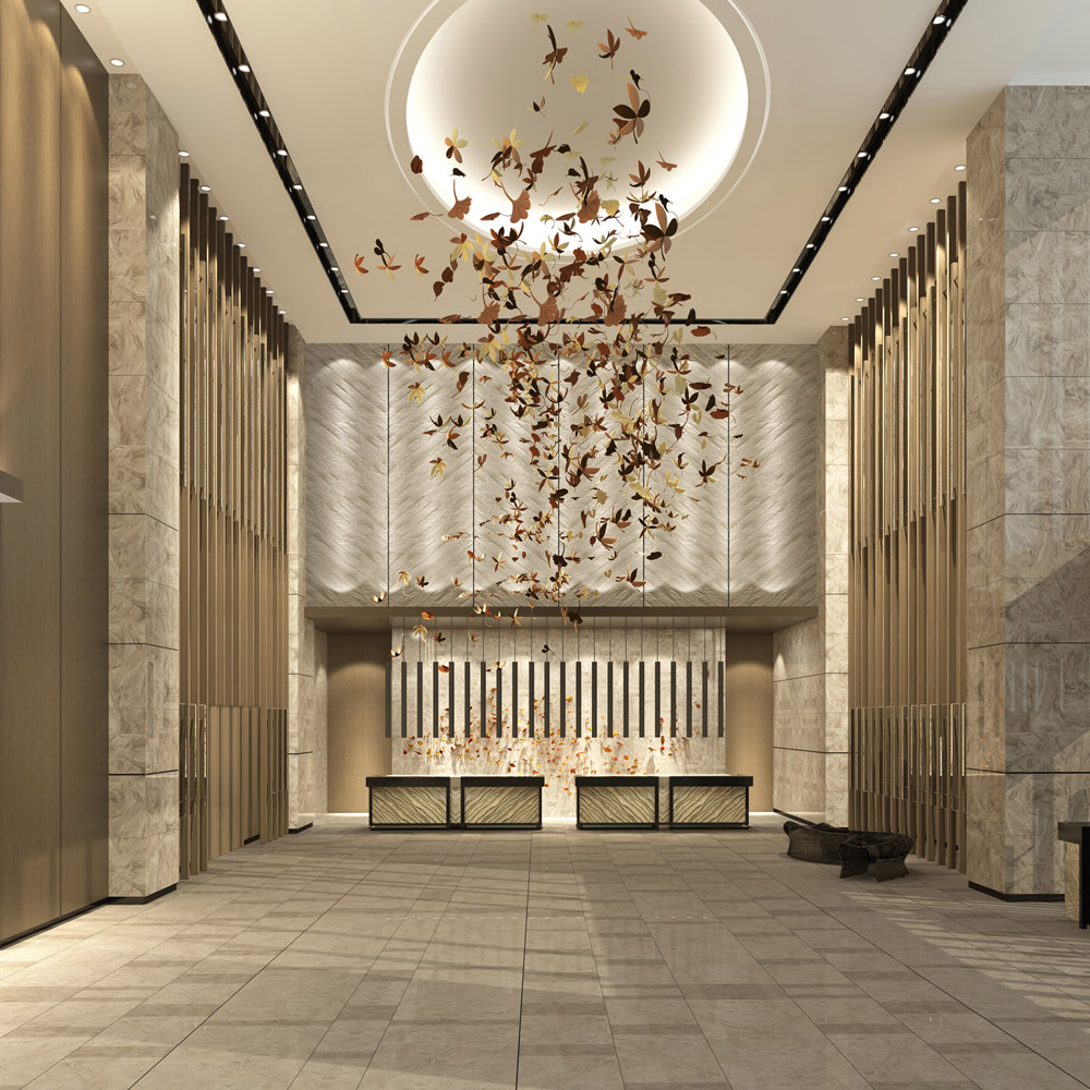 Aedas Interiors’ Poly Marriott Hotel in Changchun is shown as a grand hotel lobby with a high double‑height volume, stone‑clad walls, vertical timber fins, and a sculptural metal chandelier installation suspended from a recessed ceiling. The image highlights a calm, contemporary hospitality interior that combines natural materials and refined lighting to create a tranquil, welcoming arrival experience inspired by the region’s seasonal landscape.