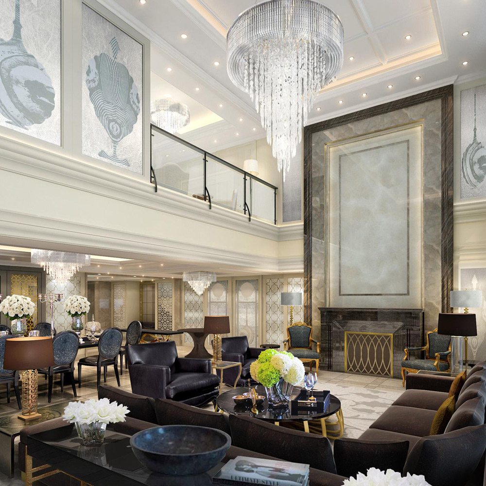 Aedas Interiors’ EPI Residences Manhattan Penthouse in Shenzhen is shown as a dramatic double‑height living and dining space featuring crystal chandeliers, marble‑framed fireplace walls, classic moulded ceilings, and plush leather seating. The image highlights a luxury residential interior with European‑inspired elegance, refined symmetry, layered lighting, and bespoke detailing, creating a grand yet intimate penthouse environment.