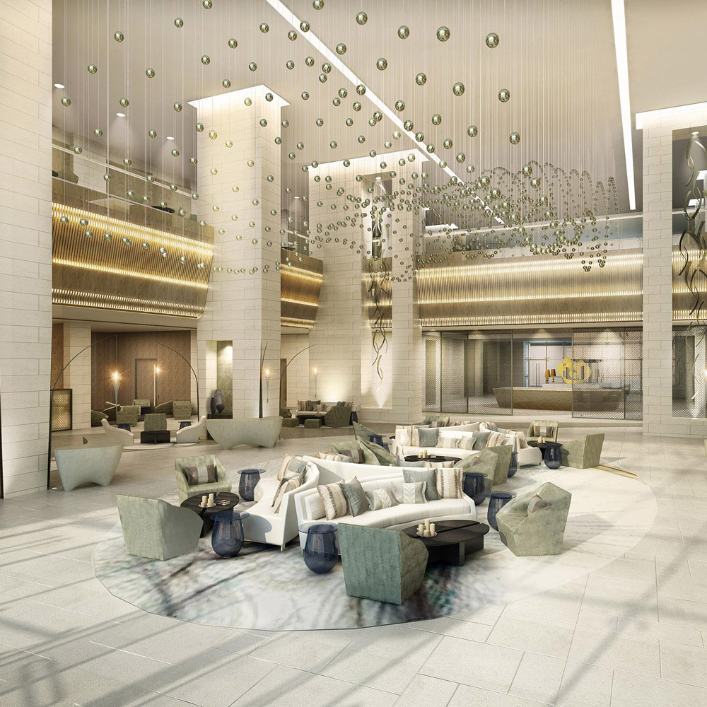 Aedas Interiors’ Langham Place Doha is shown as a spacious luxury lobby lounge with sculptural hanging glass installations, pale stone flooring, and soft sculpted seating clusters. The image highlights a refined hospitality interior inspired by Qatar’s coastal and desert landscapes, blending ocean‑toned hues, organic forms, and Middle Eastern detailing to create an elegant sense of place within a contemporary urban hotel.