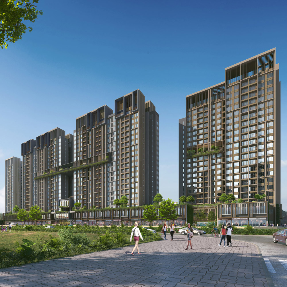 Aedas’s Celesta Heights in Ho Chi Minh City is shown as a multi‑tower residential development with vertically articulated high‑rise blocks rising from a continuous landscaped podium. The exterior highlights repetitive balcony grids, articulated tower crowns, podium‑level retail or amenity frontage, and integration with open green space and pedestrian streets.