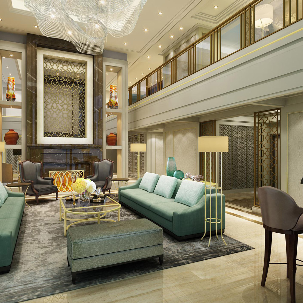 Aedas Interiors’ EPI Residences Versailles Penthouse in Shenzhen is shown as a grand double‑height living space with symmetrical seating arrangements, marble flooring, gilded metal detailing, and a sculptural chandelier suspended above. The image highlights a luxurious residential interior inspired by classical European elegance, featuring refined wall mouldings, layered lighting, and bespoke furnishings that create a formal yet inviting penthouse lounge environment.