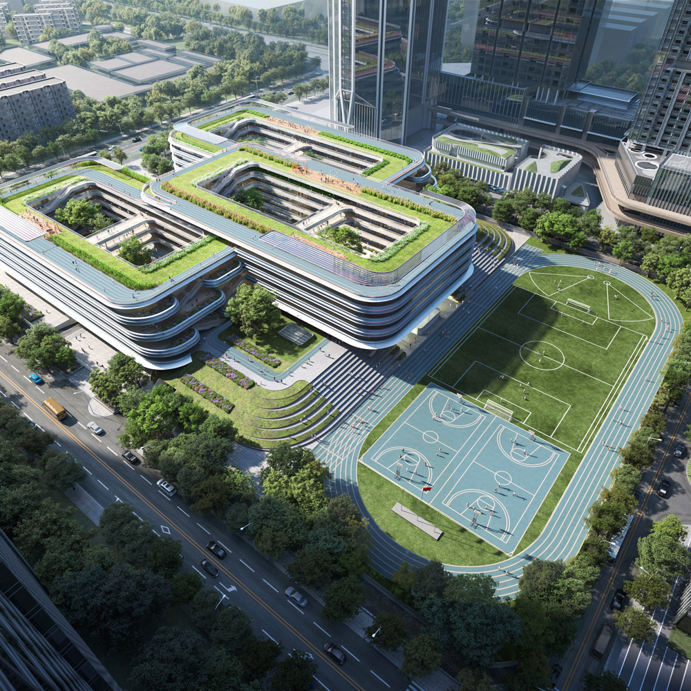Aedas’s Futian Hongling Mangrove School in Shenzhen is shown as a compact urban campus with interconnected looped classroom blocks, extensive rooftop greenery, and integrated outdoor sports facilities. The aerial view highlights landscape‑led planning, continuous circulation loops, and strong integration between educational buildings and surrounding high‑density city fabric.