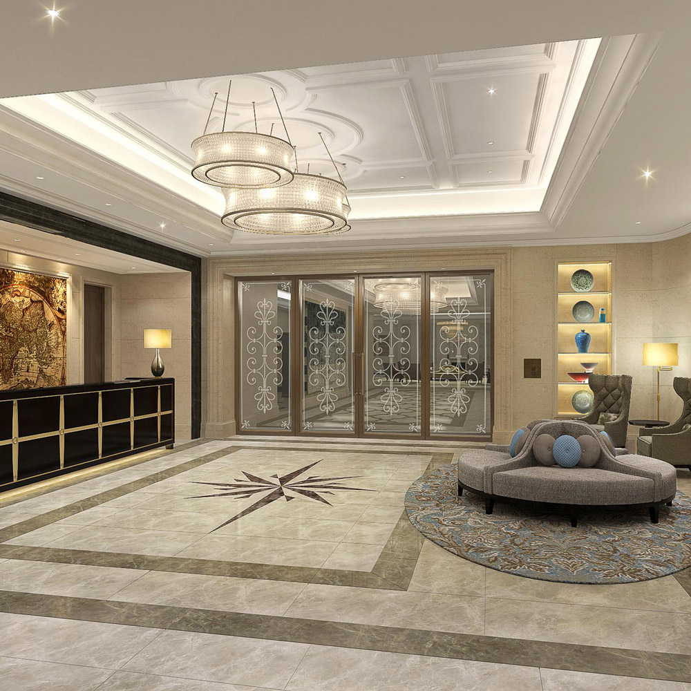 Aedas Interiors’ Residential Development at K.I.L. 11125 in Hong Kong is shown as an elegant residential lobby with marble‑clad floors, a star‑patterned inlay, plush lounge seating, and crystal chandelier lighting. The image highlights a refined arrival space combining classical proportions, warm ambient lighting, curated display niches, and timeless luxury detailing to create a dignified, welcoming environment for residents.