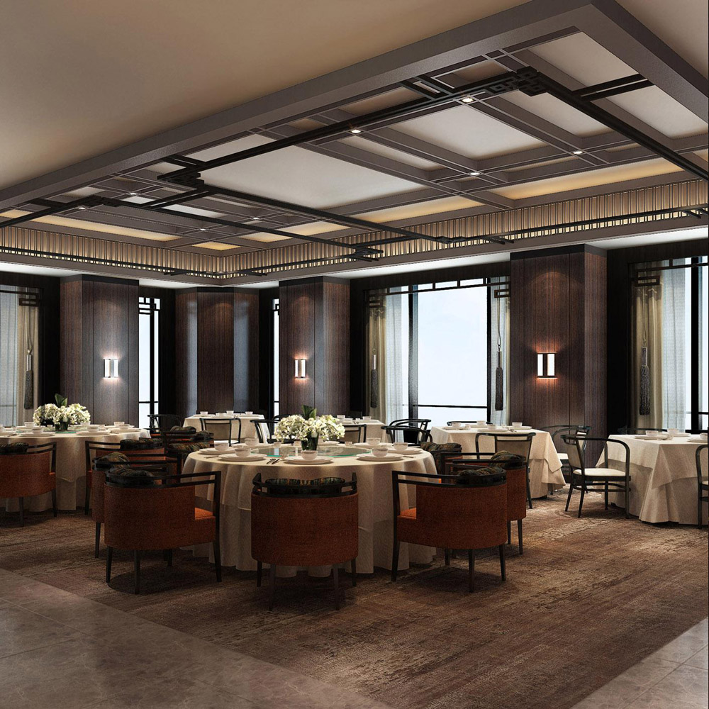 Aedas Interiors’ Chinese Restaurant at Fairmont Nanjing is shown as a refined dining interior with circular table arrangements, dark timber wall panels, decorative lattice framing, and a coffered ceiling with integrated lighting. The image highlights a contemporary Chinese hospitality space that blends scholarly heritage references with elegant modern finishes, generous spacing, and calm, dignified atmosphere for fine dining.