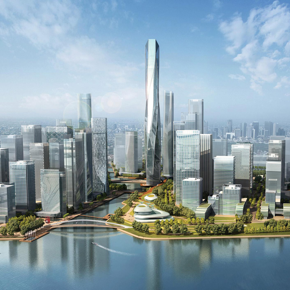 Aedas’s Guangzhou International Financial City is depicted as a dense waterfront CBD with a landmark supertall tower, clustered high‑rise office buildings, podium‑based development, and a continuous riverfront public realm. The aerial perspective highlights transit‑oriented planning, integrated landscape infrastructure, and large‑scale financial district masterplanning in Guangzhou.