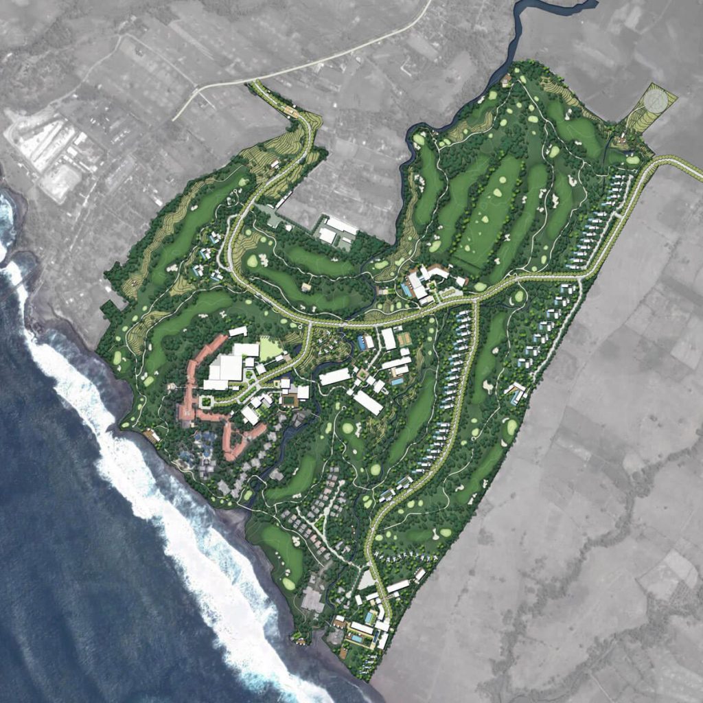 Aedas’ Nirwana Bali Resort Master Plan is shown as a large‑scale coastal integrated resort set atop dramatic cliffs along the Tabanan shoreline. The aerial masterplan highlights luxury villa clusters, resort hotels, and a central golf course woven into lush tropical landscape, with winding access roads following natural contours and expansive oceanfront edges oriented toward sunset views near Tanah Lot, forming a serene, high‑end resort and residential destination deeply embedded in Bali’s natural terrain.