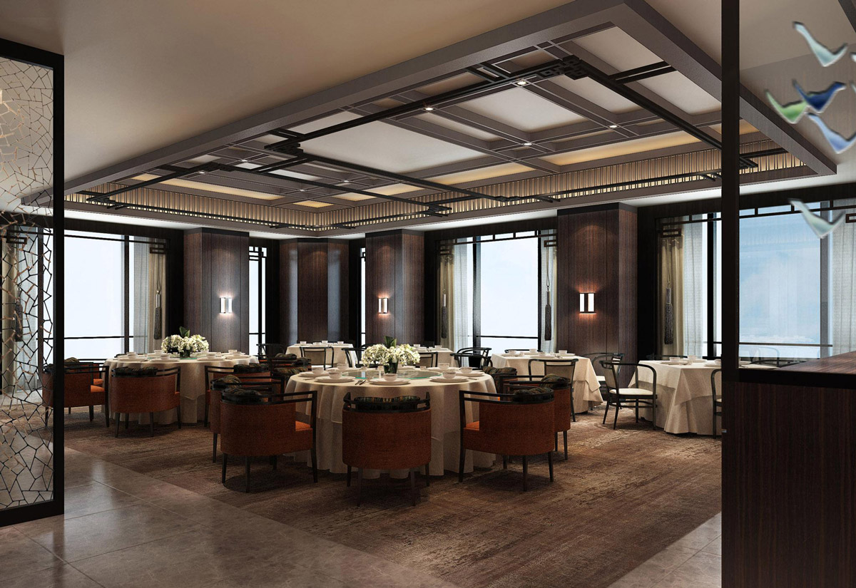 Aedas Interiors’ Chinese Restaurant at Fairmont Nanjing is shown as a refined dining interior with circular table arrangements, dark timber wall panels, decorative lattice framing, and a coffered ceiling with integrated lighting. The image highlights a contemporary Chinese hospitality space that blends scholarly heritage references with elegant modern finishes, generous spacing, and calm, dignified atmosphere for fine dining.