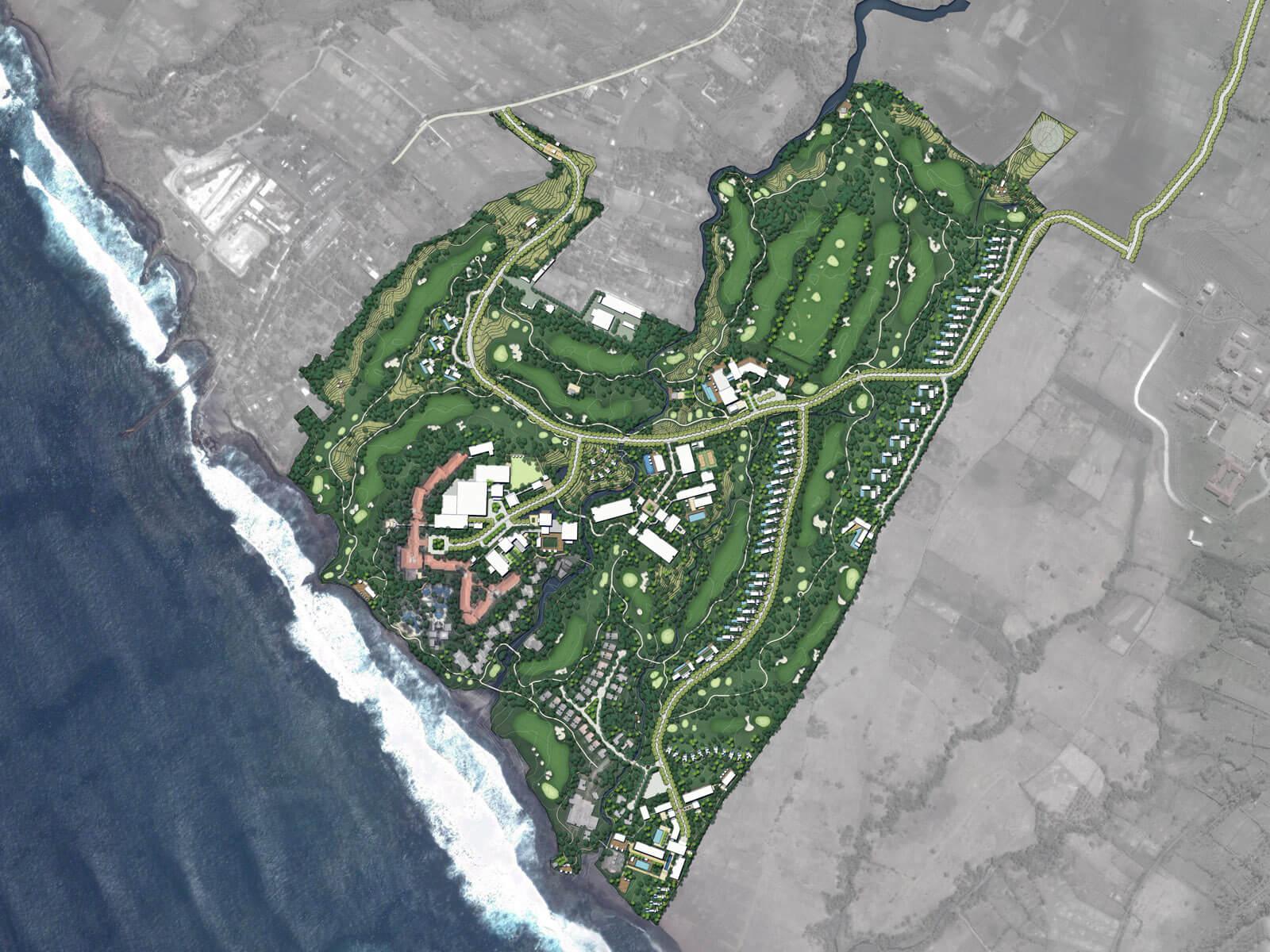 Aedas’ Nirwana Bali Resort Master Plan is shown as a large‑scale coastal integrated resort set atop dramatic cliffs along the Tabanan shoreline. The aerial masterplan highlights luxury villa clusters, resort hotels, and a central golf course woven into lush tropical landscape, with winding access roads following natural contours and expansive oceanfront edges oriented toward sunset views near Tanah Lot, forming a serene, high‑end resort and residential destination deeply embedded in Bali’s natural terrain.