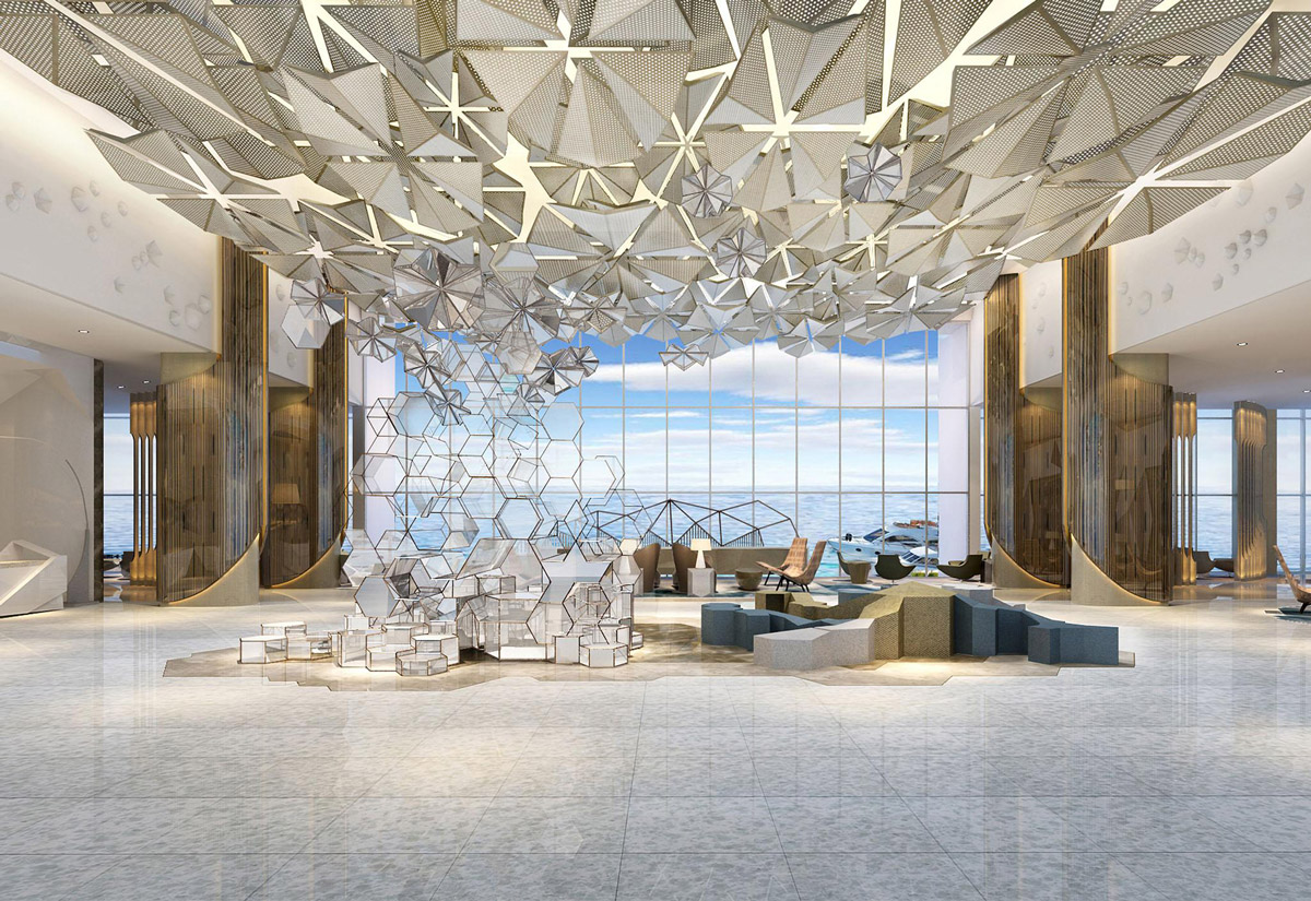 Aedas Interiors’ Proposed 5‑Star Urban Resort in the Middle East is shown as a grand, open lobby with a geometric sculptural ceiling installation, polygonal metallic elements, and expansive floor‑to‑ceiling glazing overlooking water. The image highlights a luxurious hospitality interior combining parametric design, natural light, refined stone finishes, and flexible lounge seating to create a dramatic resort arrival experience.
