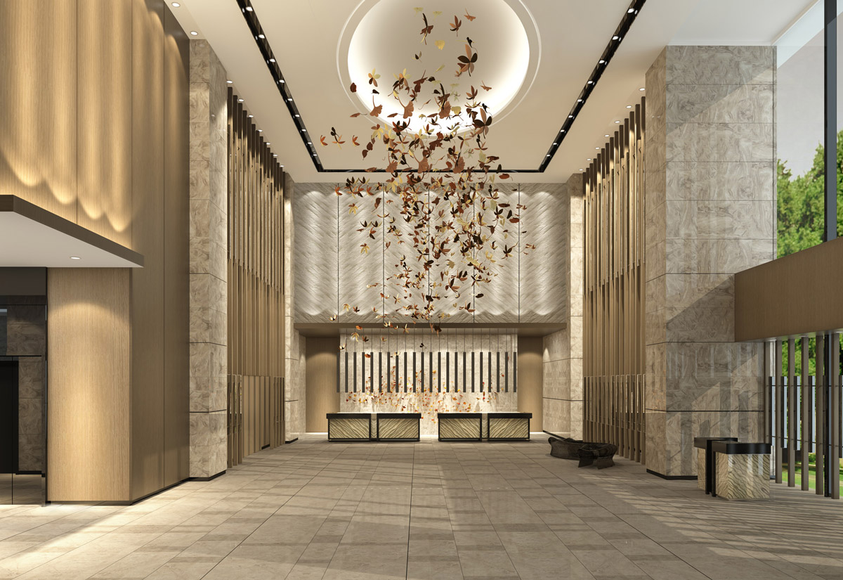 Aedas Interiors’ Poly Marriott Hotel in Changchun is shown as a grand hotel lobby with a high double‑height volume, stone‑clad walls, vertical timber fins, and a sculptural metal chandelier installation suspended from a recessed ceiling. The image highlights a calm, contemporary hospitality interior that combines natural materials and refined lighting to create a tranquil, welcoming arrival experience inspired by the region’s seasonal landscape.