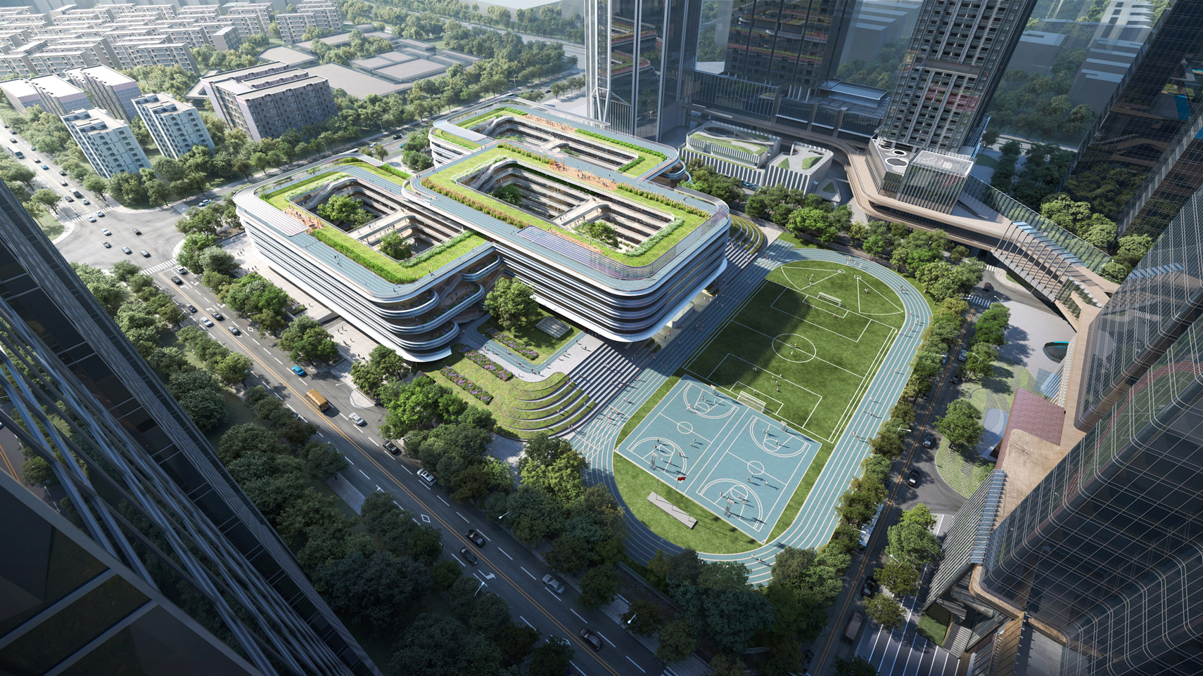Aedas’s Futian Hongling Mangrove School in Shenzhen is shown as a compact urban campus with interconnected looped classroom blocks, extensive rooftop greenery, and integrated outdoor sports facilities. The aerial view highlights landscape‑led planning, continuous circulation loops, and strong integration between educational buildings and surrounding high‑density city fabric.