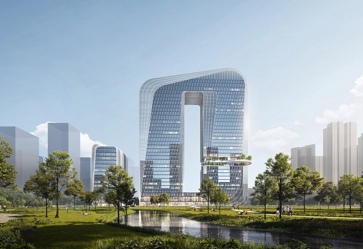 Aedas’s Zhuhai Xiangzhou North Xingge Jinze Building is shown as a landmark commercial tower with a continuous looped massing, large central void, and high‑performance glazed façade. The exterior highlights sculpted geometry, elevated terraces, and integration with surrounding parkland and water features in Zhuhai.