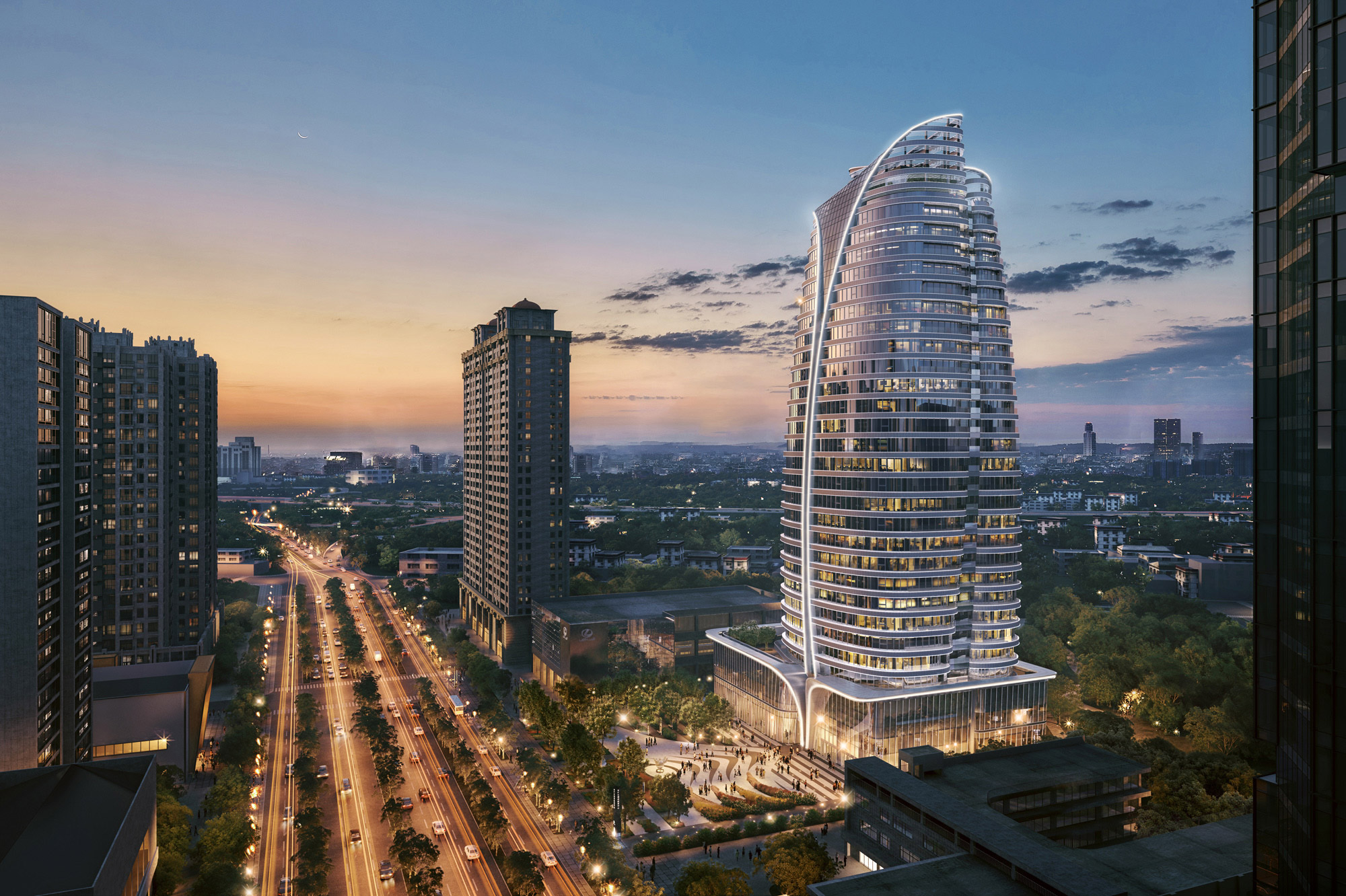 Aedas’ Taoyuan NFC National Financial Center in Taoyuan is shown as a sculptural high‑rise office tower with staggered, mountain‑like massing and sloping rooflines. The image highlights a dark glass curtain‑wall façade articulated with horizontal bands, rising above a landscaped public plaza. The tower’s dynamic silhouette and waterfall‑like glazing establish a powerful skyline presence inspired by traditional Chinese landscape painting, integrating corporate identity with urban openness.