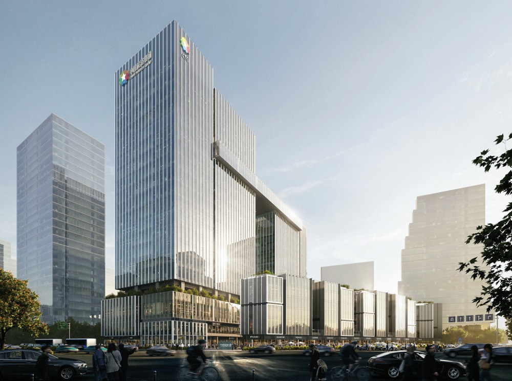 Aedas’ CTG Investment Building in Shenzhen is shown as a contemporary mixed‑use complex with a vertically layered office tower rising from an articulated retail podium. The image highlights slender glass façades with vertical fins, stepped building volumes, and a street‑oriented urban living room framed by double‑height retail blocks, creating a vibrant hybrid of commercial, public, and workplace spaces within the Greater Bay Area context.