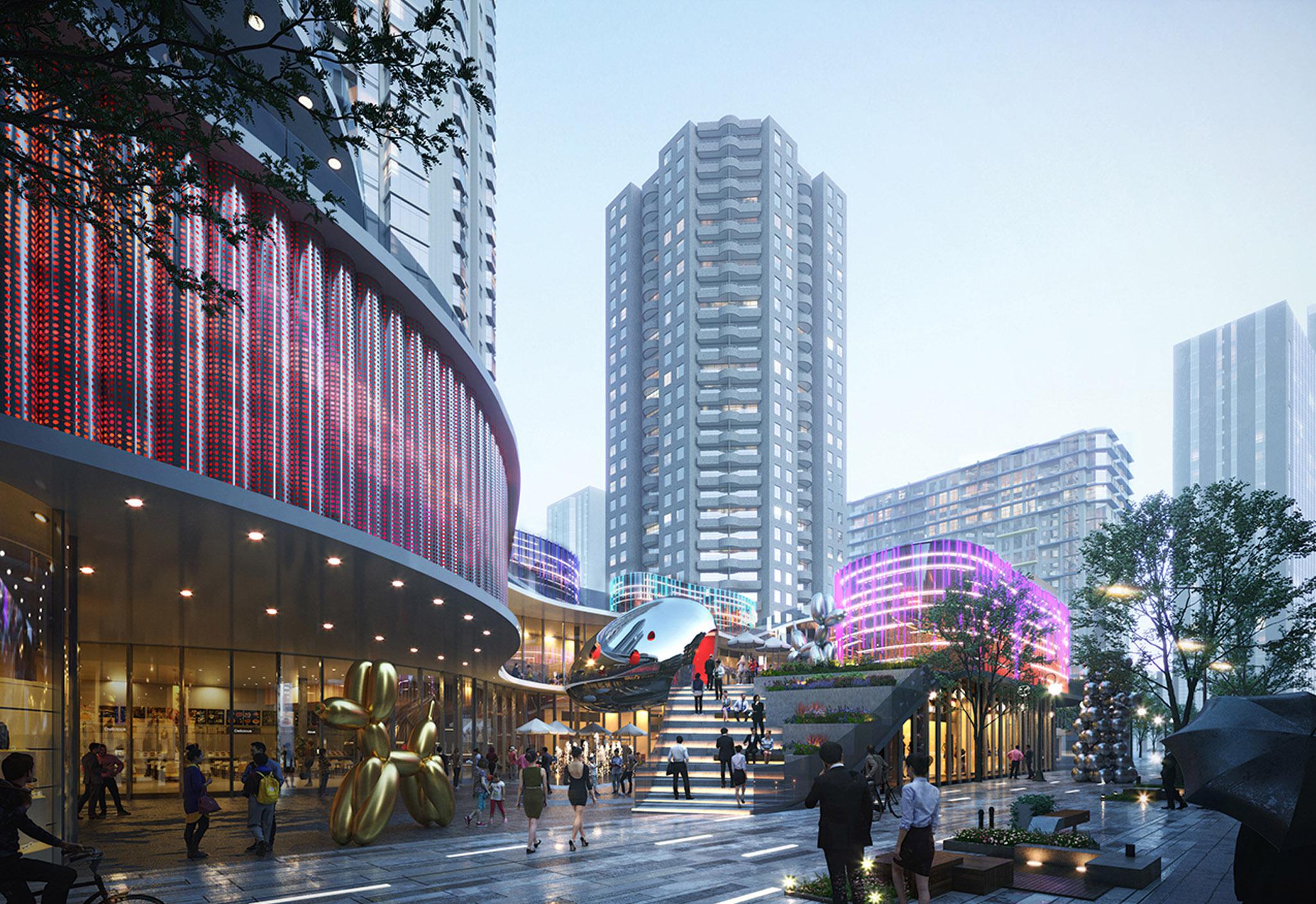 Aedas’ Chengdu Dongshuncheng Street Renovation is shown as a vibrant, layered urban leisure precinct with a sculptural electronic music pavilion, illuminated curved façades, and an elevated landscape ramp leading to a rooftop sky garden. The image highlights an animated pedestrian environment where retail, cultural venues, and public plazas intertwine, activating the neighbourhood with immersive lighting, art installations, and interconnected community spaces near Taikoo Li.