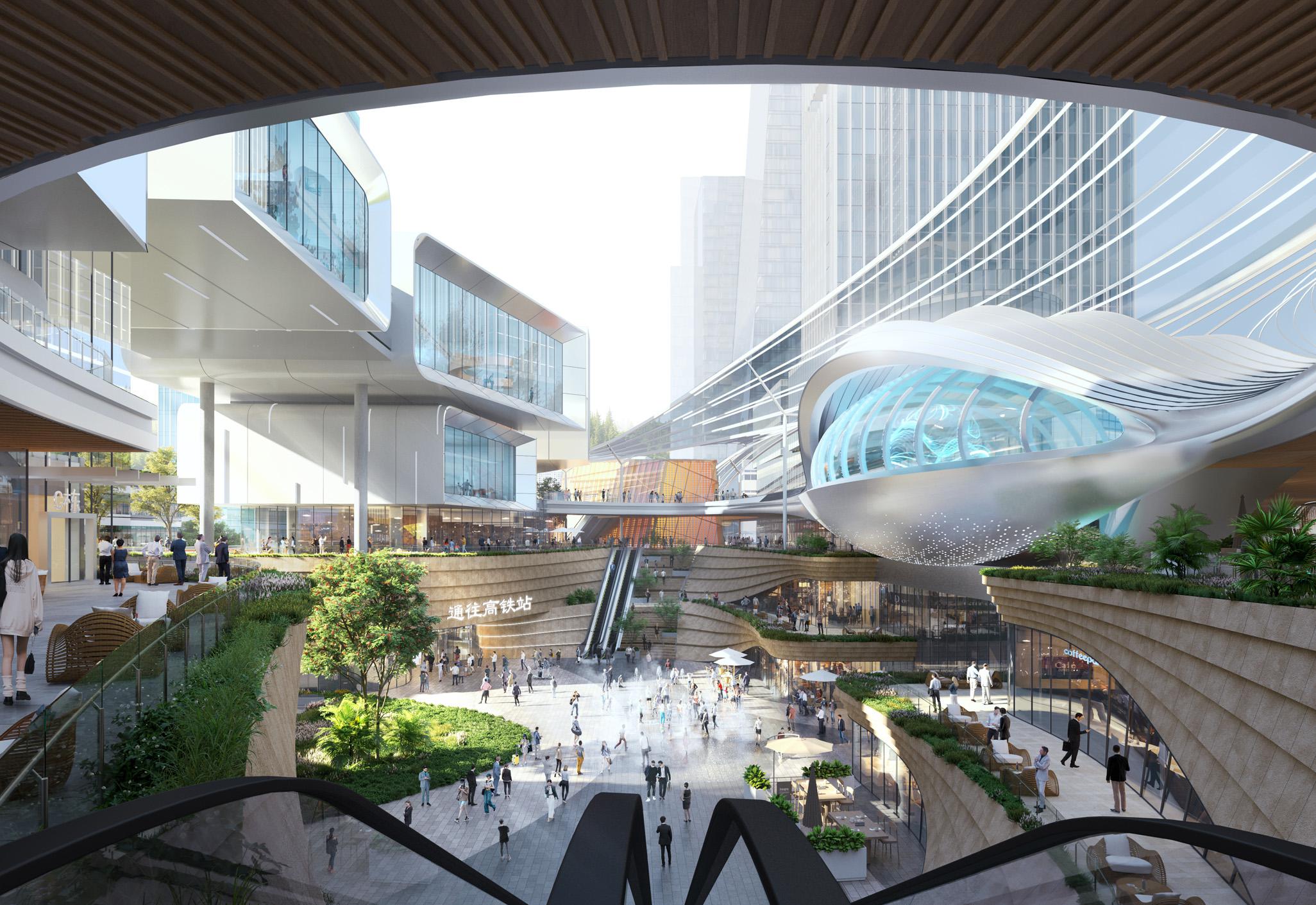 Aedas’ Shenzhen Luohu North High‑Speed Railway Station TOD is shown as a multi‑level, underground‑connected transport hub integrated with mixed‑use developments and terraced public plazas. The image highlights a fluid architectural language with glazed station volumes, layered pedestrian decks, and landscaped edges that merge rail infrastructure with commercial, civic, and urban life in a high‑density innovation district.