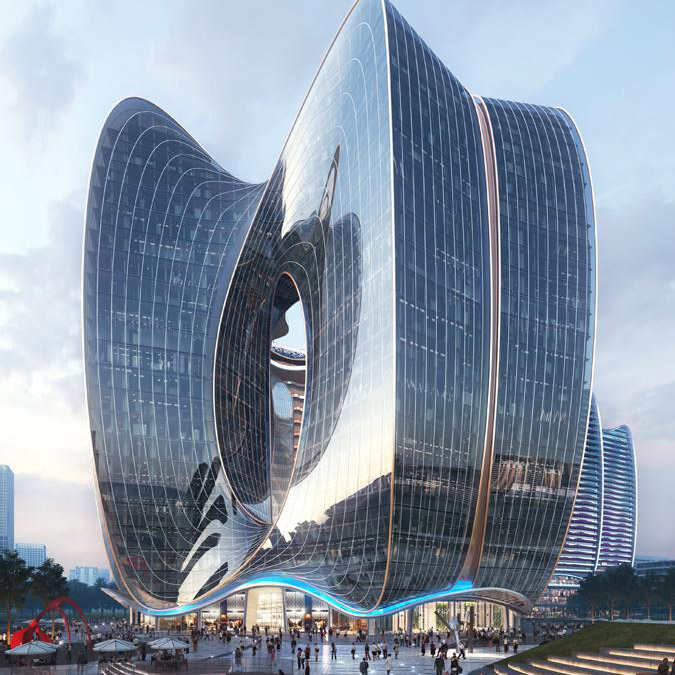 Aedas’ Shenzhen Genzon Technology Innovation Center is shown as an iconic mixed‑use landmark with fluid, coiling tower forms connected by a circular podium and elevated sky bridge. The image highlights a sculptural glass façade inspired by bougainvillea petals, integrating offices, hotel, retail, and communal amenities into a dynamic, people‑centric innovation hub framed by broad boulevards and urban greenery.