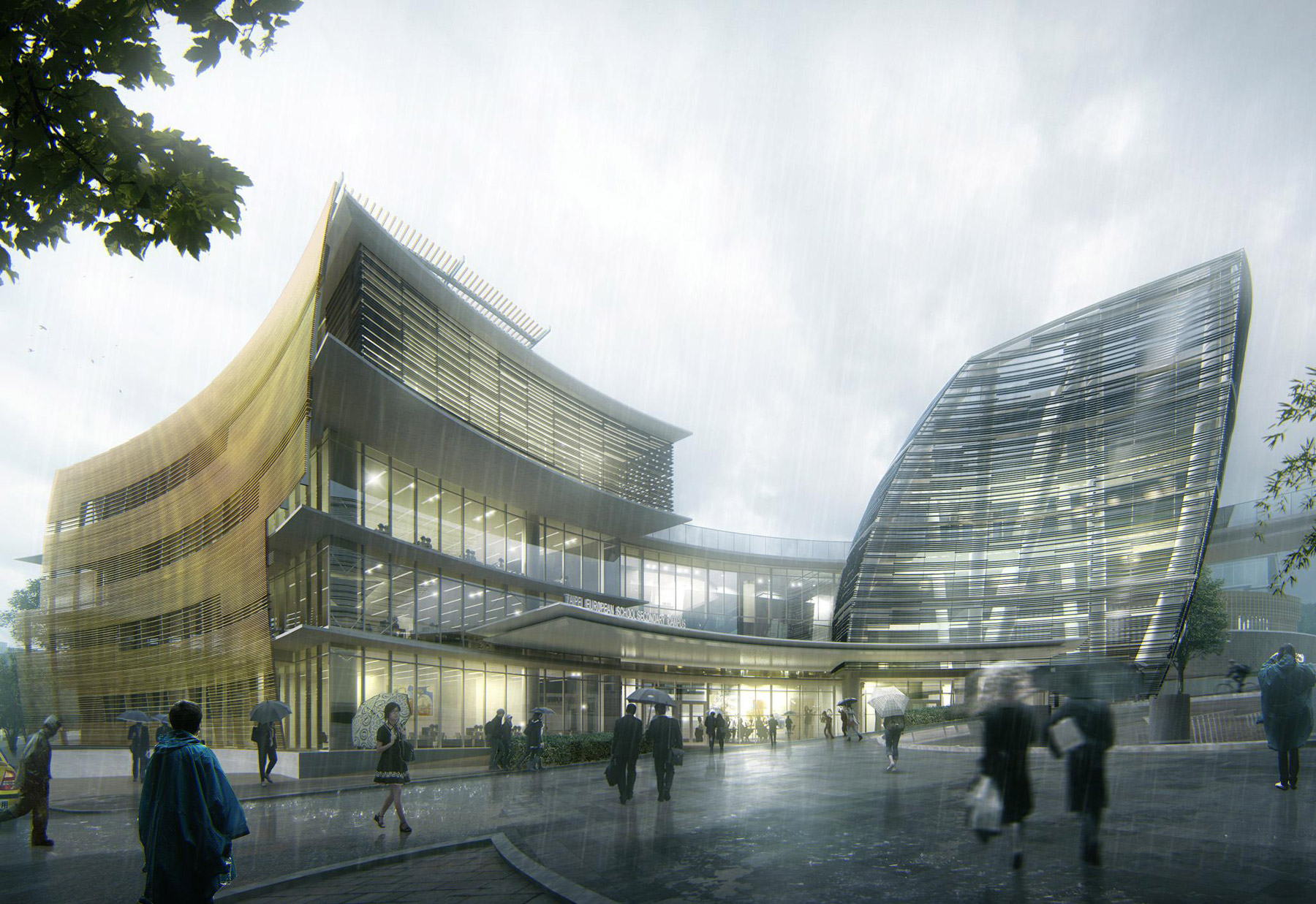 Aedas’ Taipei European School Yangmingshan Campus Redevelopment is shown as a contemporary school campus with curving, ventilated façades wrapped in laminated bamboo shading shells. The image highlights interconnected learning blocks set around landscaped courtyards, transparent classrooms, and sheltered circulation paths, creating a climatically responsive and culturally rooted educational environment integrated into the mountainous context of Yangmingshan.