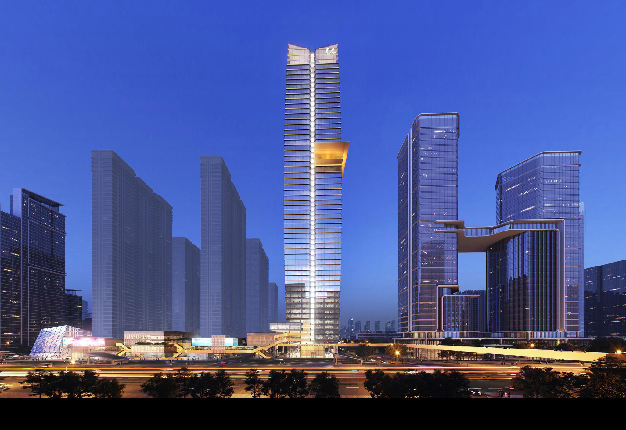 Aedas’ Wuhan Urban Construction Sky Center is shown as a striking super‑tall mixed‑use tower rising above a layered urban podium at dusk. The image highlights a slender, gently curved façade crowned by an illuminated cornice‑like top and a distinctive horizontal void at mid‑height, flanked by adjacent high‑rise blocks. The composition conveys a dynamic skyline landmark inspired by cranes in flight, integrating commercial, residential, and public spaces within Wuhan’s Cloud City development.