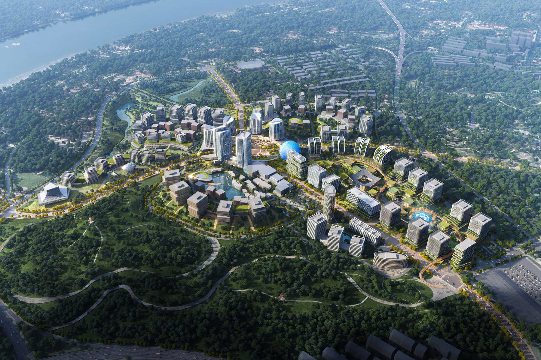 Aedas’s Lijia Smart Park West Zone is shown as a campus‑style urban district with mid‑rise office and mixed‑use buildings arranged around landscaped green corridors, internal streets, and public plazas. The aerial view highlights nature‑integrated masterplanning, distributed density, and sustainable urban design adapted to Chongqing’s hilly context.