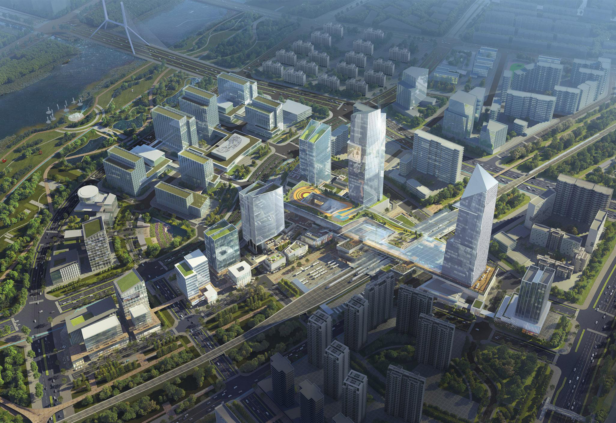 Aedas’ Beijing Tongzhou West Railway Station TOD Zone 0601 and 0402 is shown as a large‑scale, transit‑oriented urban masterplan with clustered high‑rise towers, integrated rail corridors, and layered public spaces along the Grand Canal. The aerial view highlights dense mixed‑use development, green networks, and a central transport hub that unifies railway infrastructure, commercial functions, and civic spaces into a high‑efficiency station‑city complex.