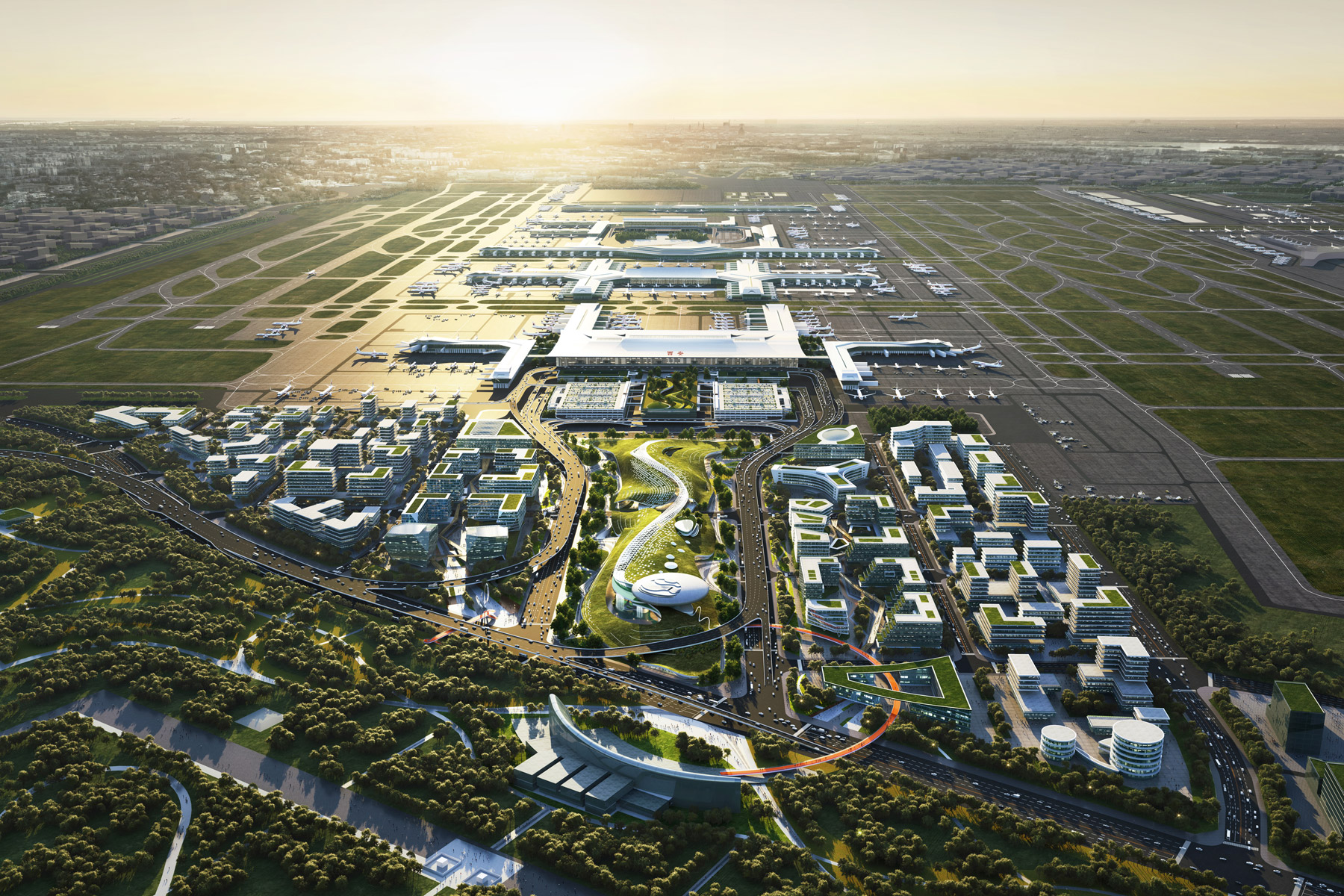 Aedas’s T5 Terminal mixed‑use business district in Xi’an is shown as an airport‑adjacent masterplan integrating a major terminal complex, clustered commercial buildings, internal transport links, and extensive landscape systems. The aerial view highlights airport‑oriented development, large‑span terminal architecture, and sustainable urban planning supporting aviation‑led economic growth.
