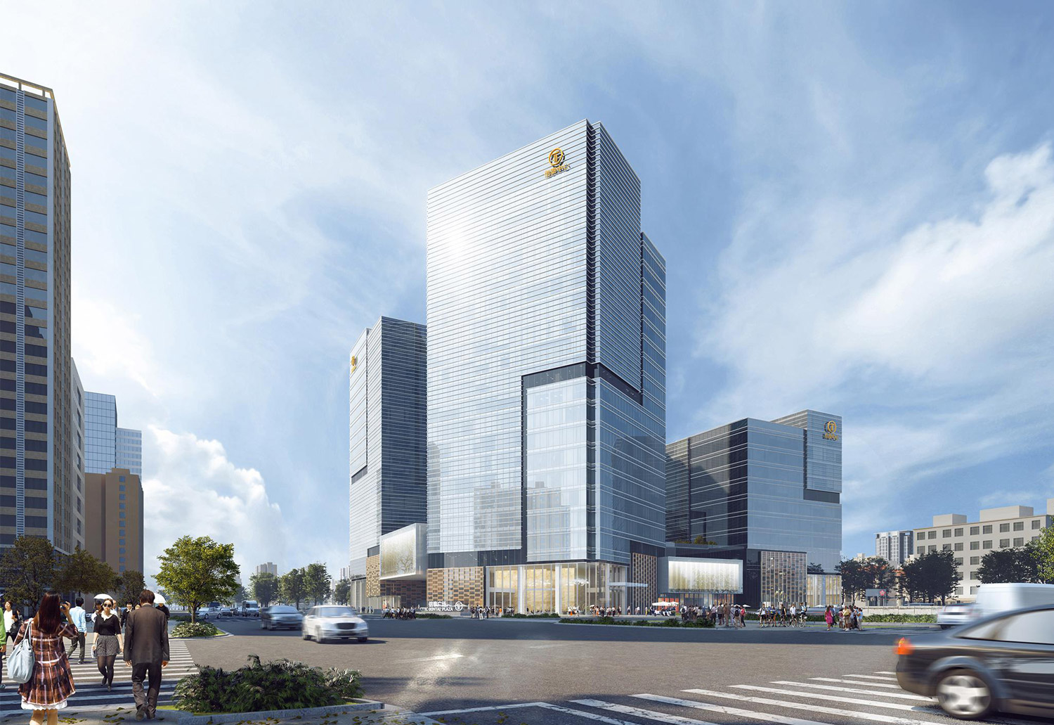 Aedas’ 2019 G61 Qingliangmen Street Project in Nanjing is shown as a contemporary mixed‑use cluster of four interlocking office and residential towers rising from a circular retail podium. The image highlights crystalline glass façades, carefully stepped massing inspired by the historic Qingliangmen city wall, and a well‑activated street‑level interface that integrates commercial uses within a dense urban setting while softening visual scale through blunted tower edges.