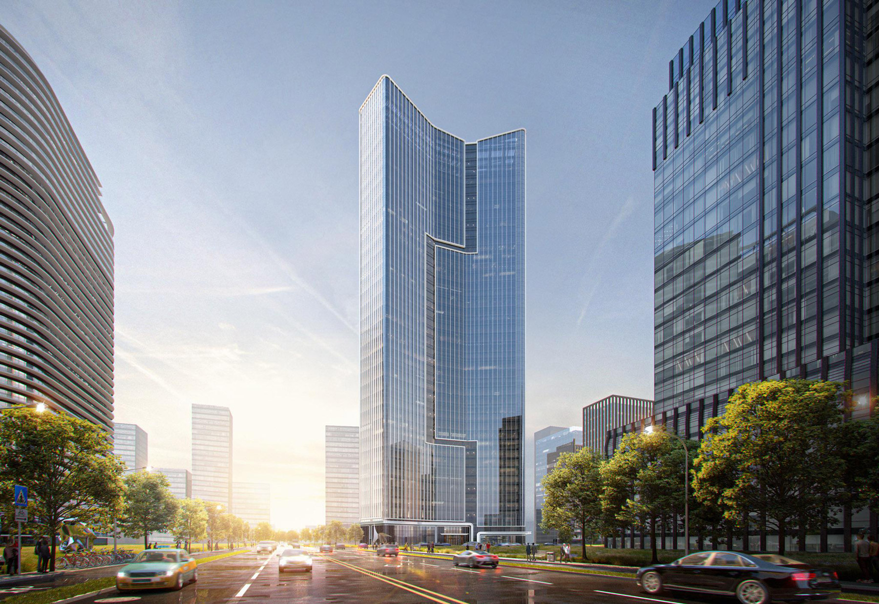 Aedas’ Aoxuan Zhaofeng Center in Hangzhou is shown as a sleek mixed‑use high‑rise with a faceted glass curtain‑wall façade and a distinctive sloping crown. The image highlights a 200‑metre tower rising along a tree‑lined boulevard, where vertical glazing articulation, set‑back podium entrances with varied canopy heights, and refined massing establish a contemporary landmark for Qianjiang Century City’s emerging urban skyline.