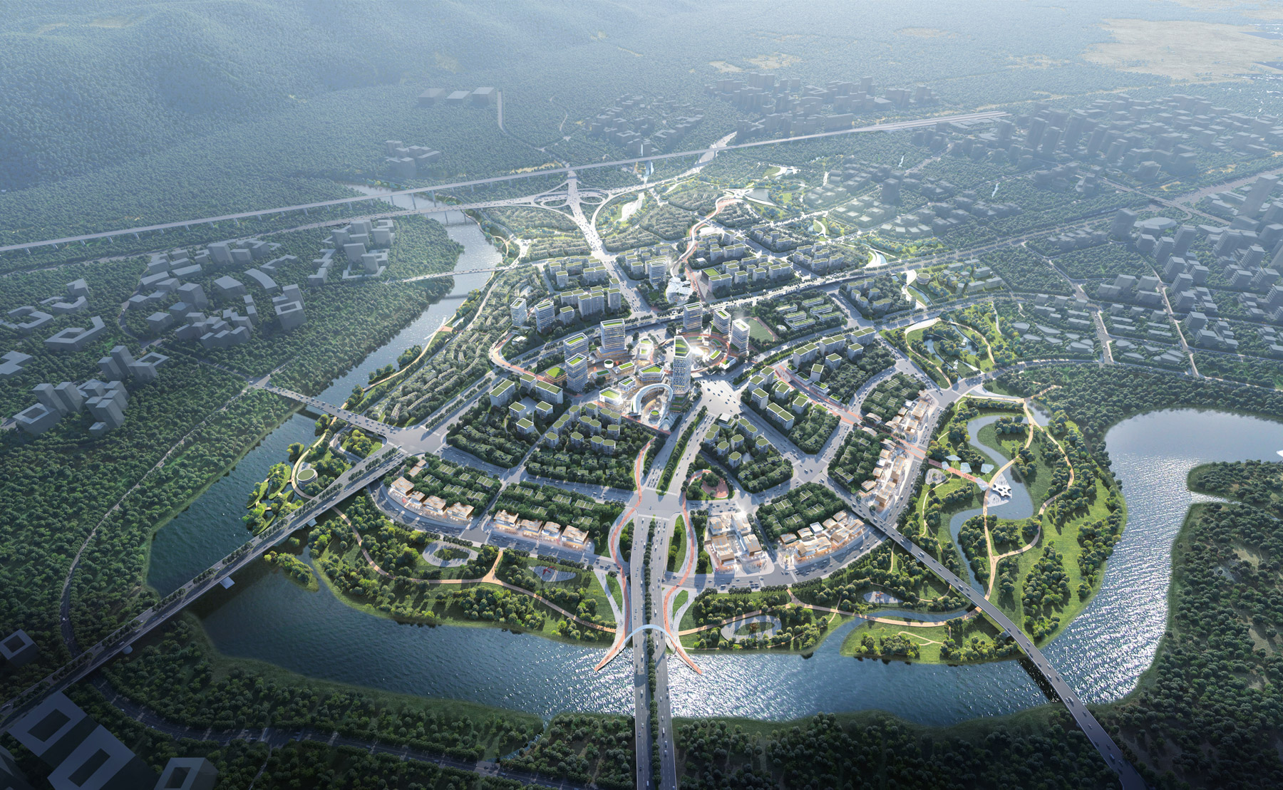 Aedas’s Liangjiang Yuzui OPN Area masterplan is depicted as a transit‑oriented urban district with a radial central core, high‑density mixed‑use development, integrated transport corridors, and surrounding riverfront green systems. The aerial view highlights TOD‑led planning, blue‑green infrastructure, and large‑scale urban regeneration in Chongqing.