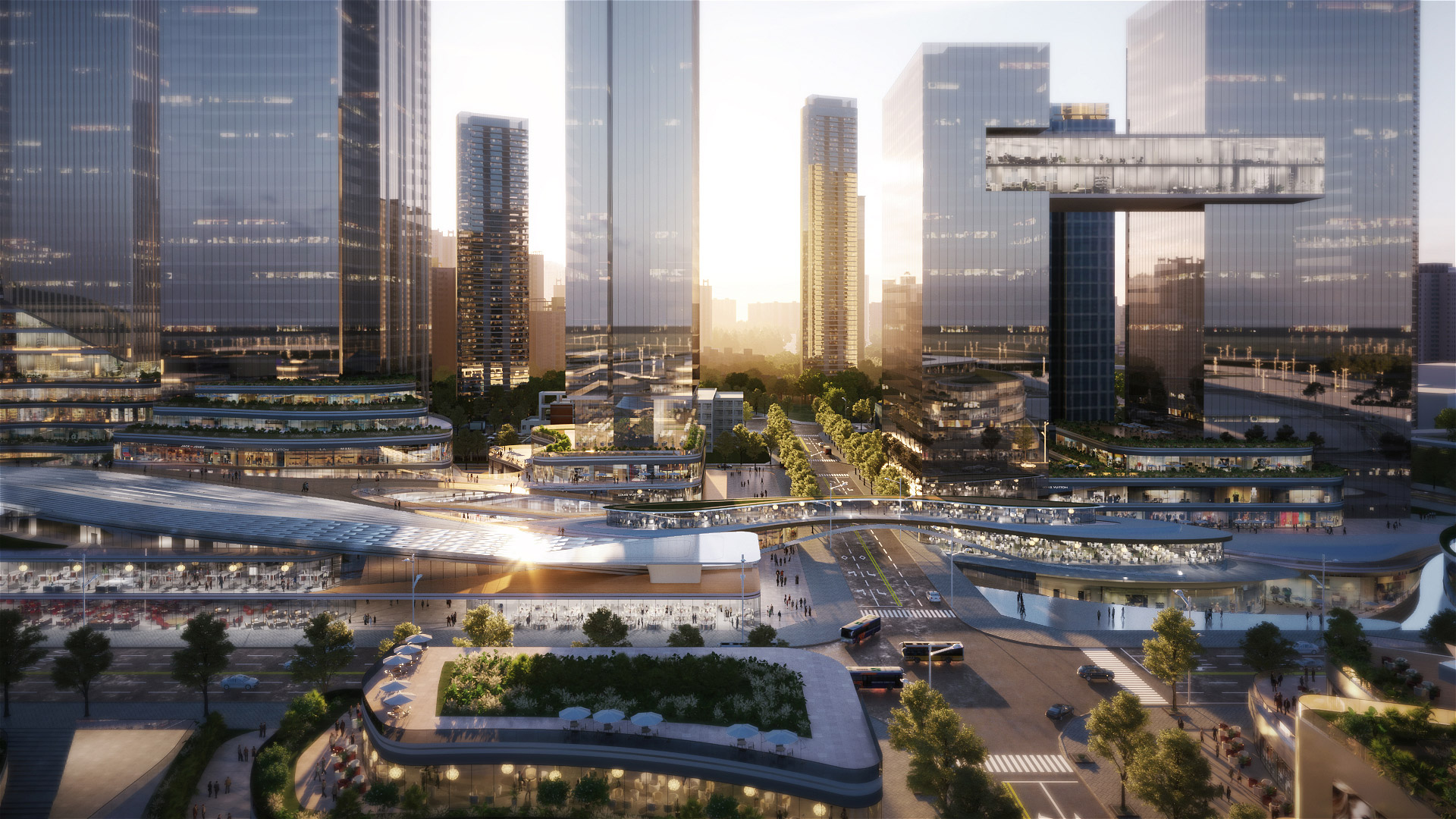 Aedas’s Qingshuihe Comprehensive Transportation Hub in Shenzhen is presented as a dense transit‑oriented development integrating a central rail station, elevated concourses, podium‑based mixed‑use buildings, and surrounding high‑rise towers. The image highlights multimodal connectivity, layered public realms, and large‑scale infrastructure‑led urban regeneration.