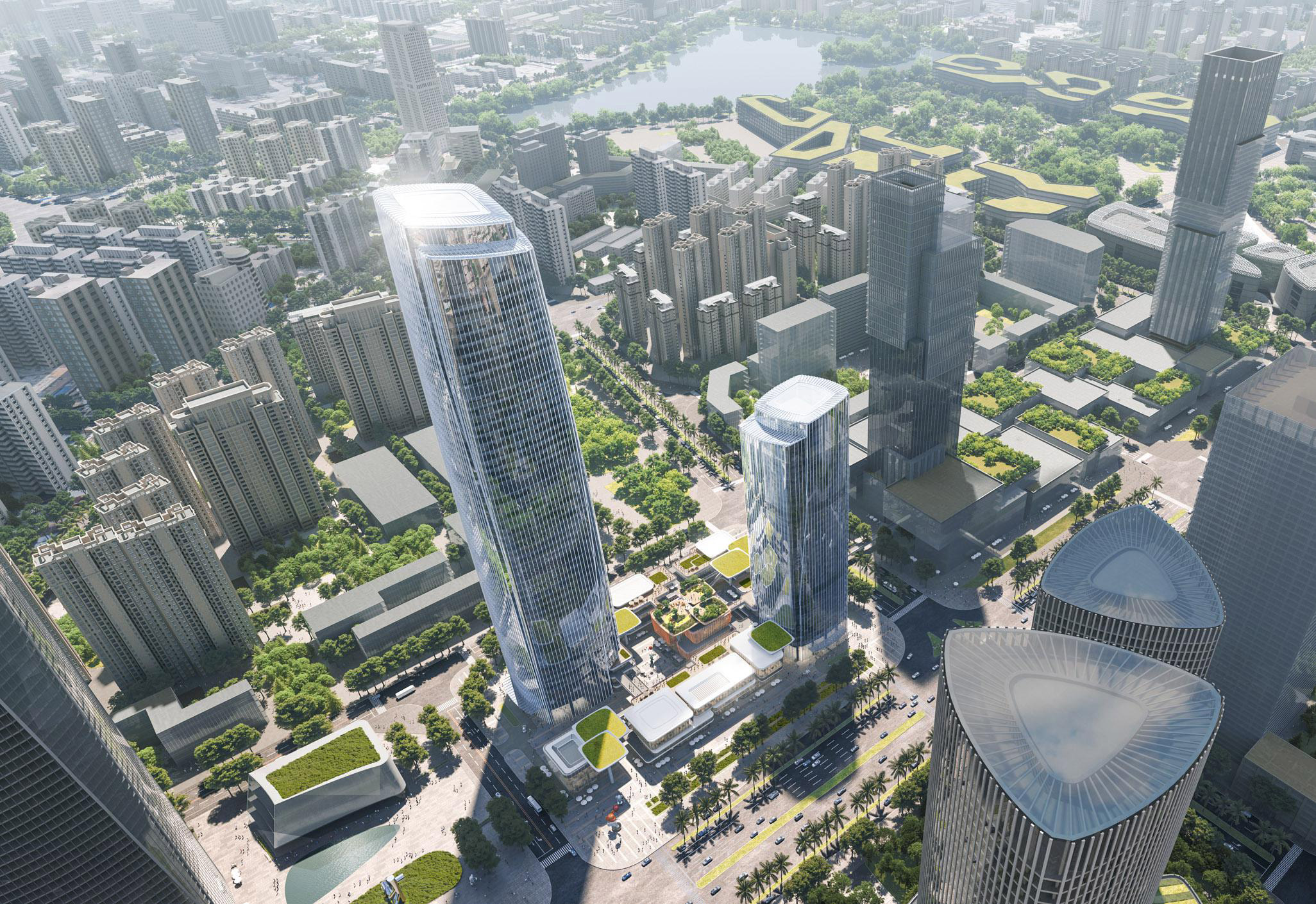 Aedas’ Haikou Guoxing Avenue Plot D10 Retail Street is shown as a dense urban mixed‑use precinct with slender high‑rise towers rising above an activated retail street. The aerial view highlights interconnected podium terraces, continuous shaded canopies, and integrated greenery that stitch together retail, office, and public circulation, forming a sheltered, pedestrian‑friendly commercial spine and a distinctive city‑centre landmark within Haikou’s evolving skyline.