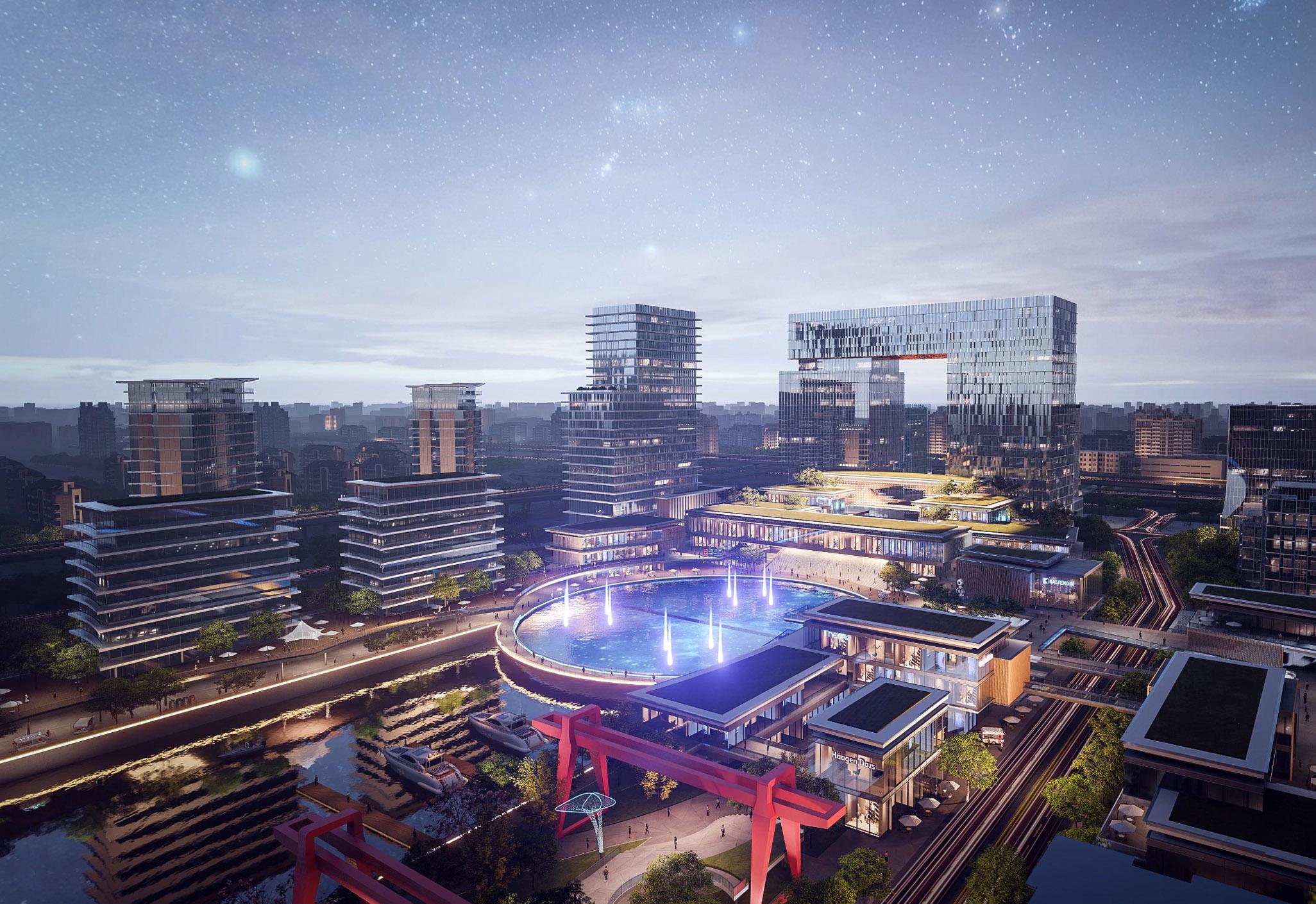 Aedas’ Hangzhou Canal Bay Complex Design in Shenzhen is shown as a landmark mixed‑use development with fluid, coiling building forms and interconnected towers rising from a circular podium. The image highlights a sculptural urban composition featuring sky bridges, rooftop amenities, illuminated water features, and layered public terraces that integrate retail, offices, hotel, and communal spaces into a bold, innovation‑driven city icon inspired by natural forms and cultural symbolism.