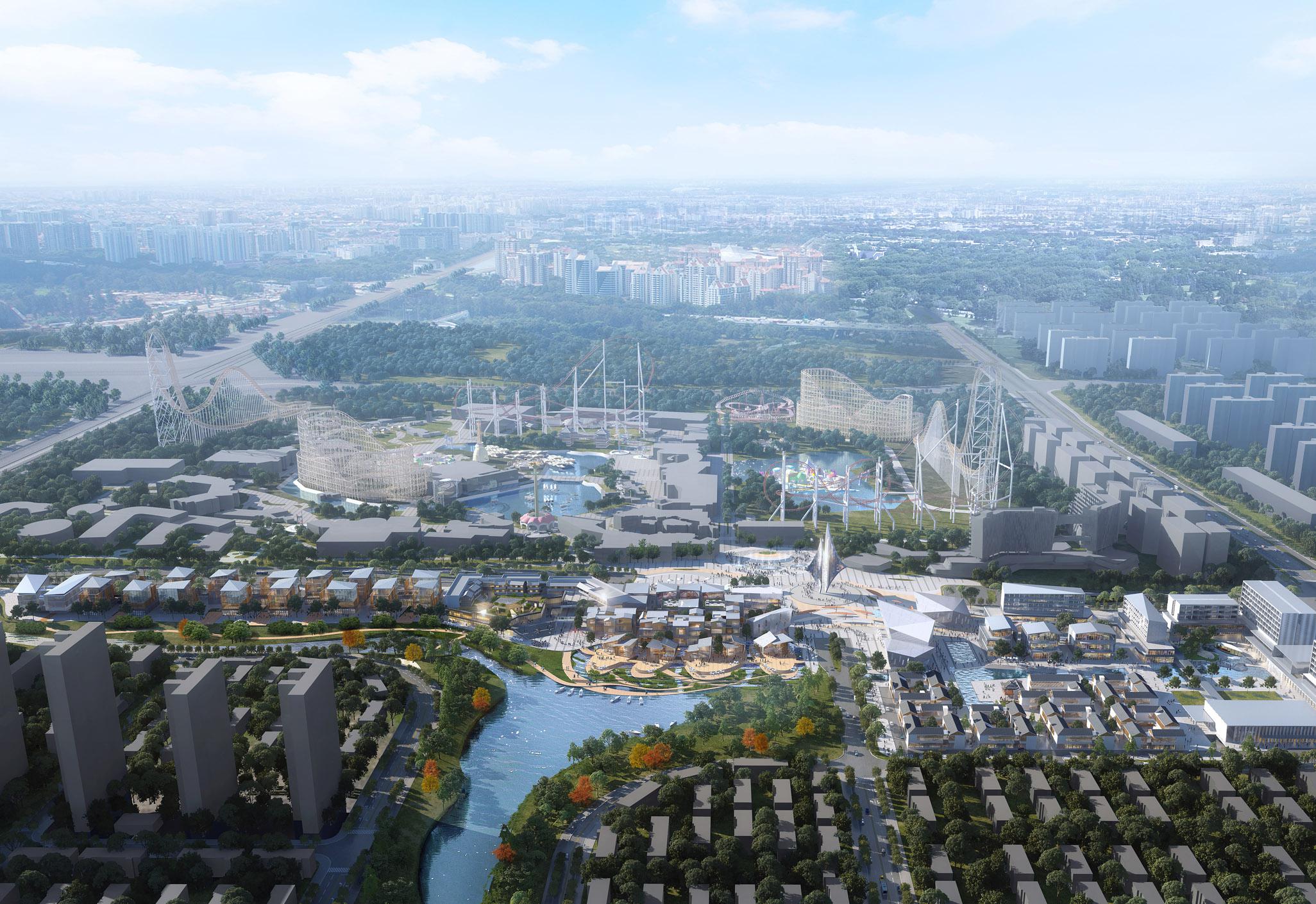 Aedas’ Xiangyang OCT Cultural & Tourism Development Area – Joy Town is shown as a large‑scale, immersive cultural and leisure masterplan organised around water features, courtyards, and sculptural pavilion forms. The aerial view highlights a festive resort gateway integrating commercial streets, hotels, cultural venues, and landscaped public realms, drawing inspiration from Xiangyang’s historic piers and transportation heritage to create a vibrant, experiential destination.