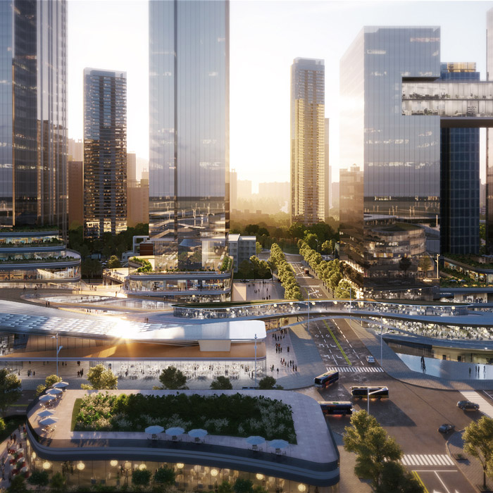 Aedas’s Qingshuihe Comprehensive Transportation Hub in Shenzhen is presented as a dense transit‑oriented development integrating a central rail station, elevated concourses, podium‑based mixed‑use buildings, and surrounding high‑rise towers. The image highlights multimodal connectivity, layered public realms, and large‑scale infrastructure‑led urban regeneration.