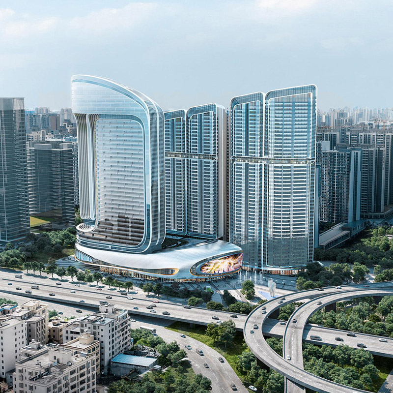 Aedas’ Zhanjiang Yunhai No. 1 Plaza is shown as a striking mixed‑use waterfront landmark composed of twin curved towers connected at the crown above a fluid podium. The image highlights a sculptural architectural form inspired by a koi‑leaping motif, featuring layered glass façades, rounded balconies, integrated sky gardens, and illuminated podium spaces that anchor a dynamic urban and coastal interface.