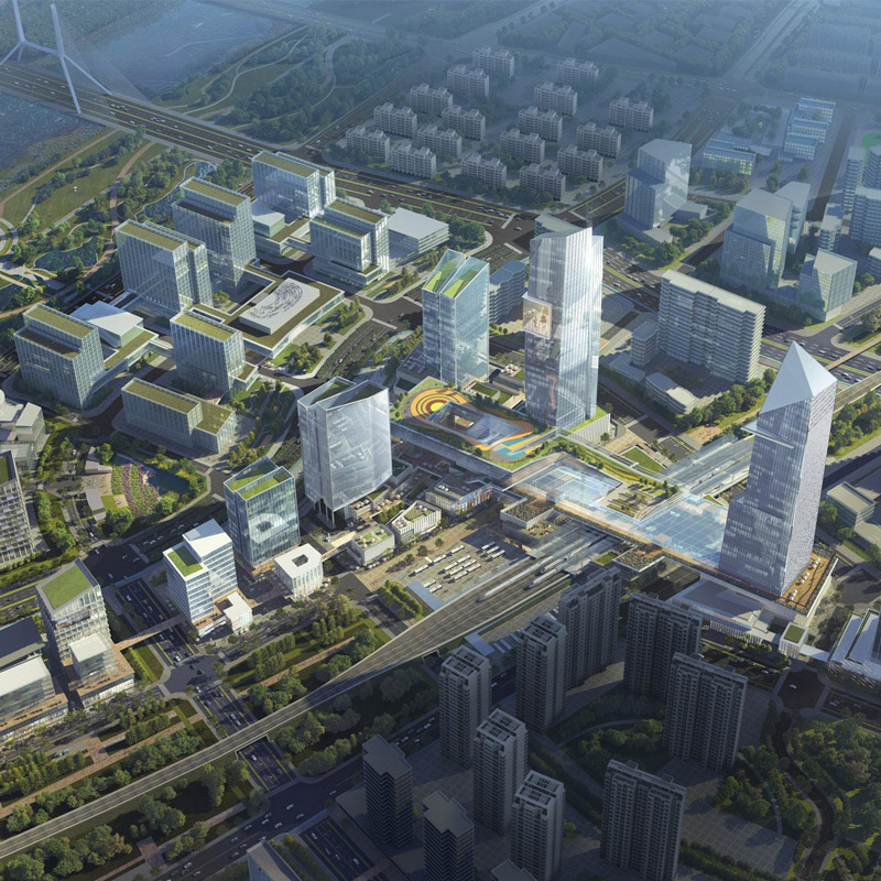 Aedas’ Beijing Tongzhou West Railway Station TOD Zone 0601 and 0402 is shown as a large‑scale, transit‑oriented urban masterplan with clustered high‑rise towers, integrated rail corridors, and layered public spaces along the Grand Canal. The aerial view highlights dense mixed‑use development, green networks, and a central transport hub that unifies railway infrastructure, commercial functions, and civic spaces into a high‑efficiency station‑city complex.