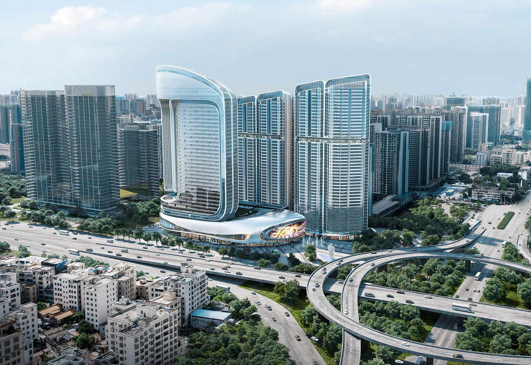 Aedas’ Zhanjiang Yunhai No. 1 Plaza is shown as a striking mixed‑use waterfront landmark composed of twin curved towers connected at the crown above a fluid podium. The image highlights a sculptural architectural form inspired by a koi‑leaping motif, featuring layered glass façades, rounded balconies, integrated sky gardens, and illuminated podium spaces that anchor a dynamic urban and coastal interface.