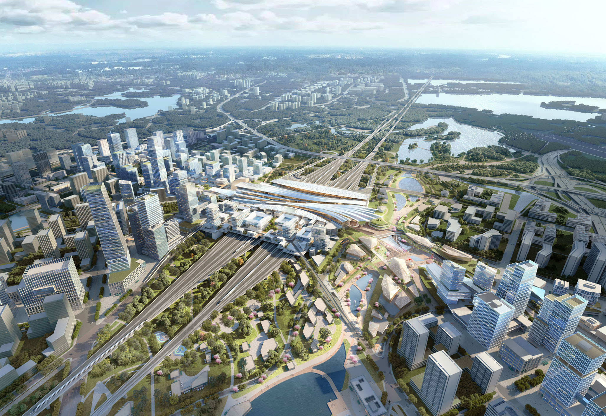 Aedas’ Wuhan Hanyang Station–City Integrated Area is shown as a large‑scale transit‑oriented urban masterplan with a central high‑speed rail hub, layered station roofs, and radiating transport corridors. The aerial view highlights an East–West dual‑core layout integrating rail infrastructure, dense mixed‑use clusters, waterways, and expansive ecological landscapes to form a cohesive, future‑ready transportation and city centre.